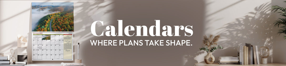 Calendar club Logo with a calendar on a pale blue wall with the text Calendars in bold font. Second line of text reads carefully curated calendars