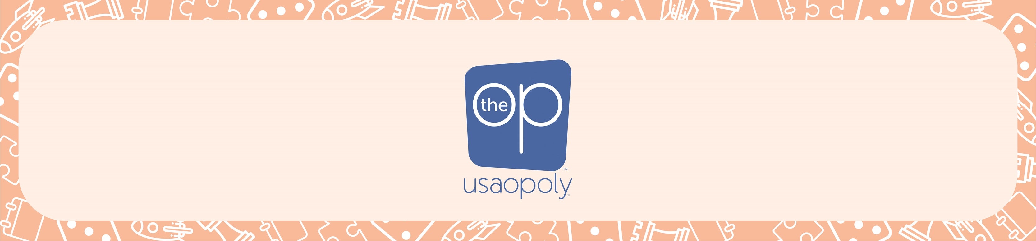 Pale tangerine background with the US Opoly company logo in the centre.