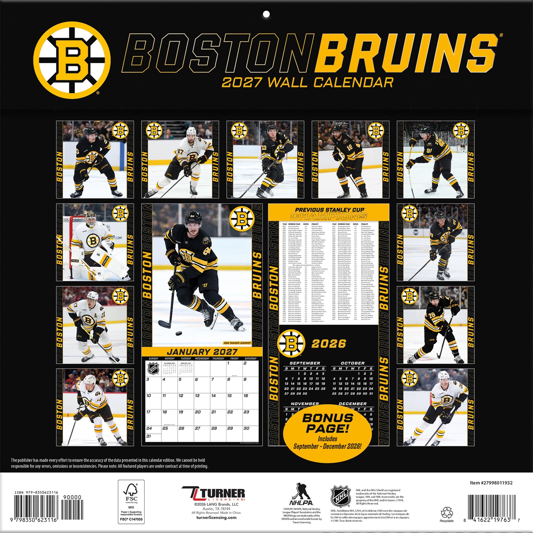 NHL Boston Bruins 2027 Wall Calendar