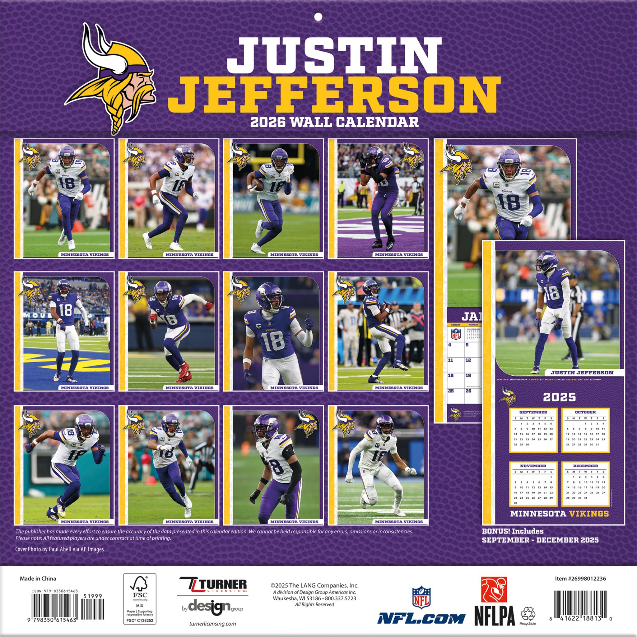 NFL Justin Jefferson Minnesota Vikings 2026 Wall Calendar