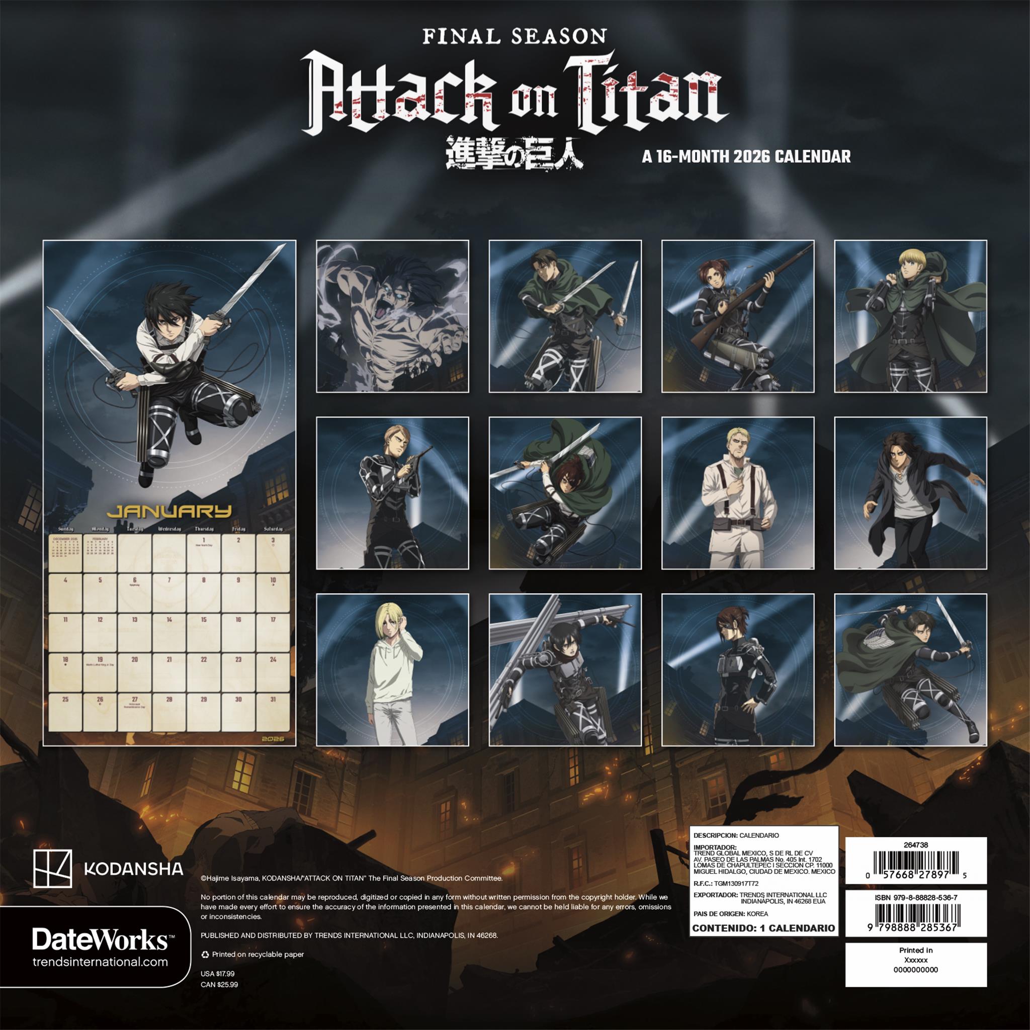 Attack On Titan 2026 Wall Calendar