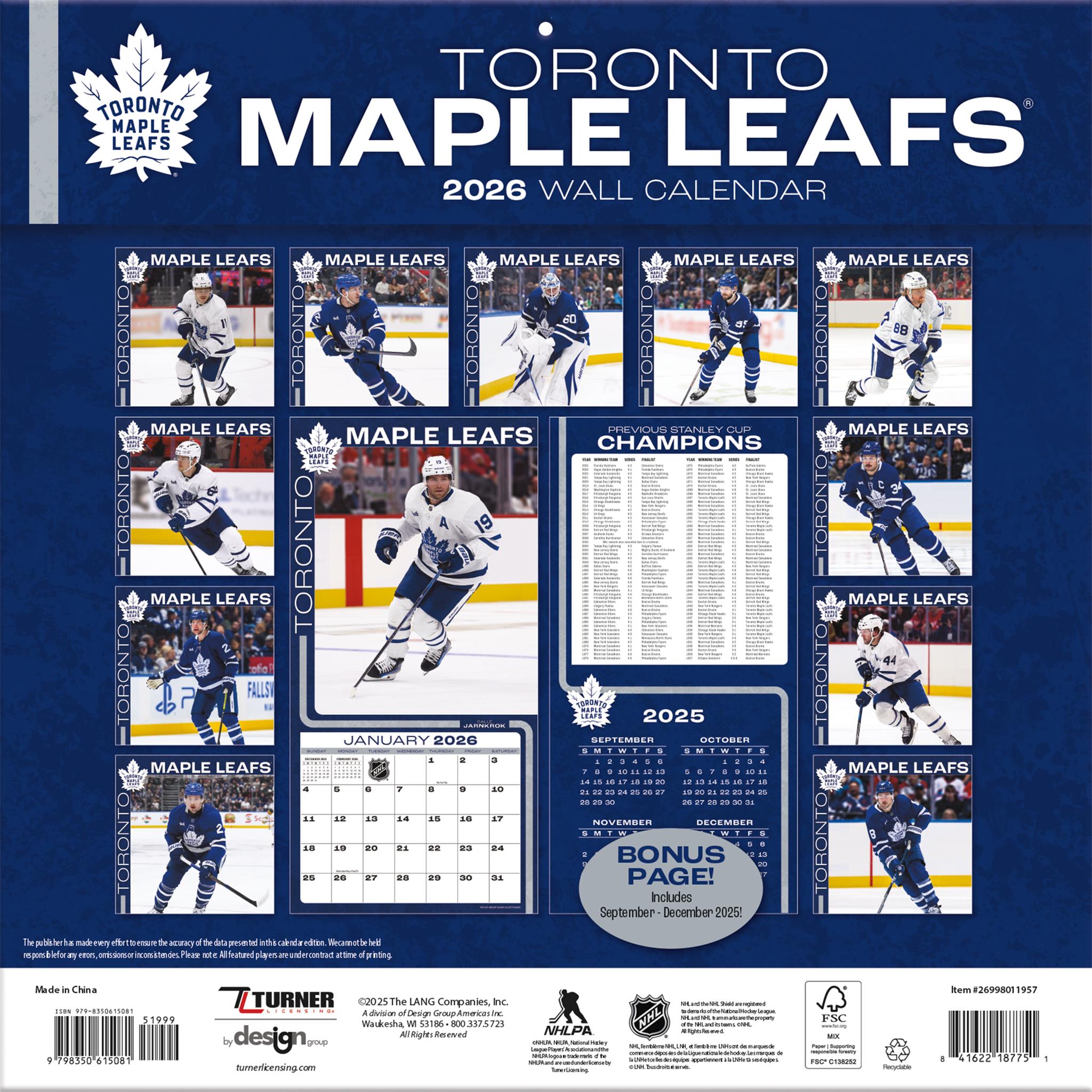 NHL Toronto Maple Leafs 2026 Wall Calendar