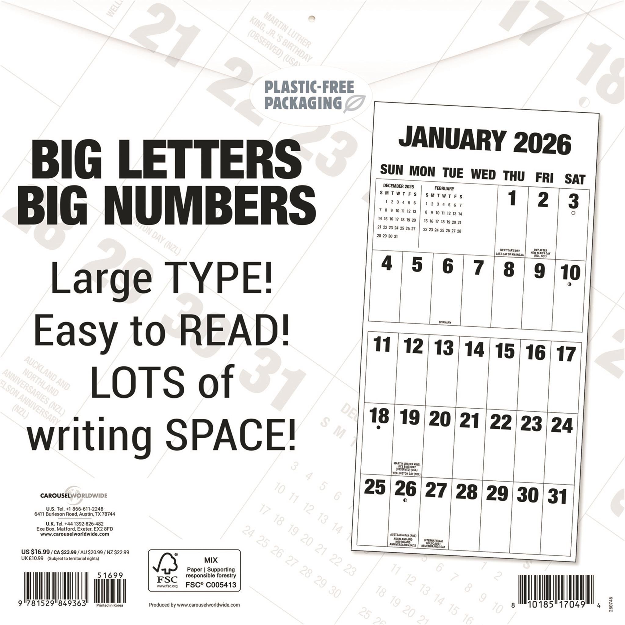 Big Letters Big Numbers 2026 Wall Calendar