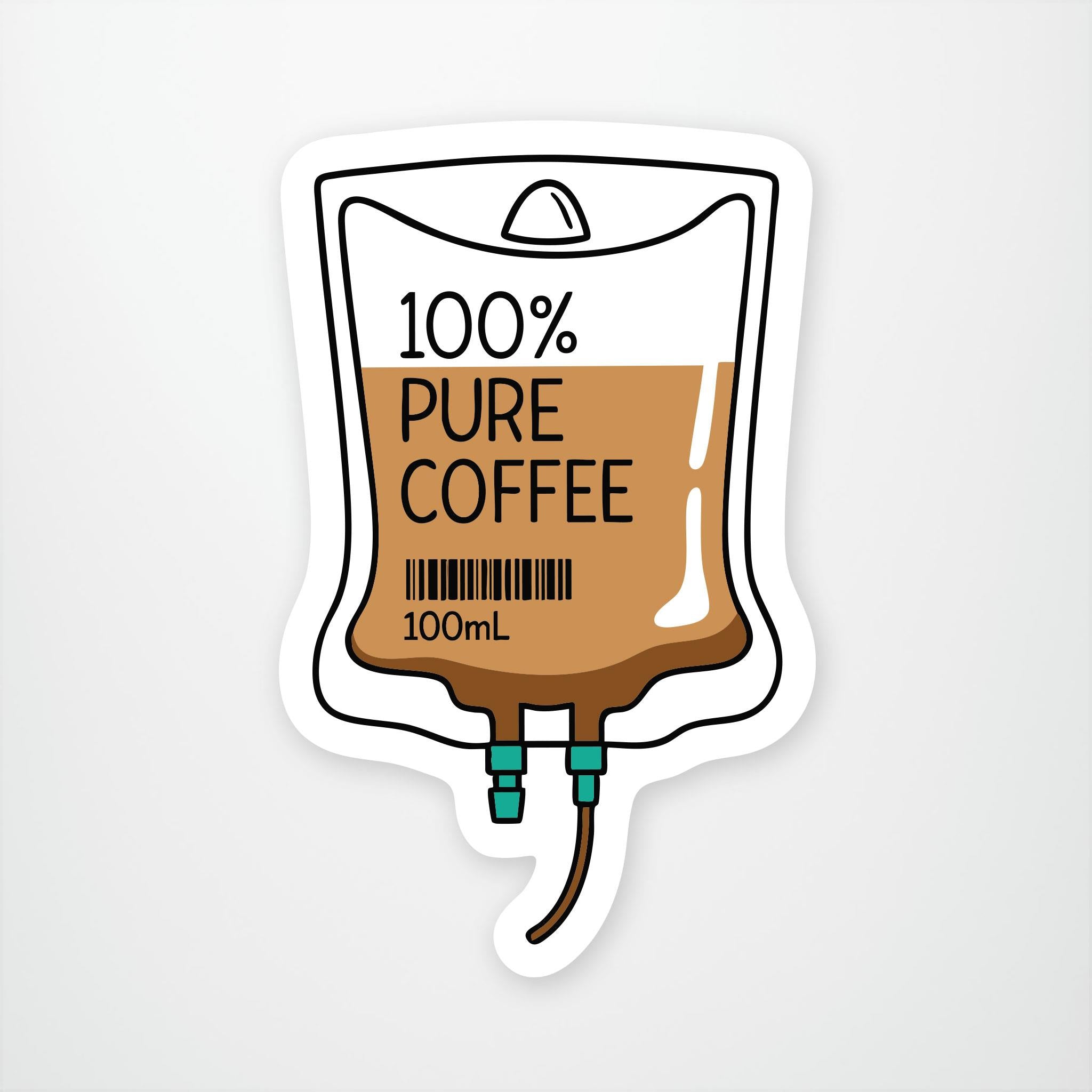 Hand drawn intravenous bag with coffee inside. Phrase 100% Pure Coffee is written in the middle with a bar code below