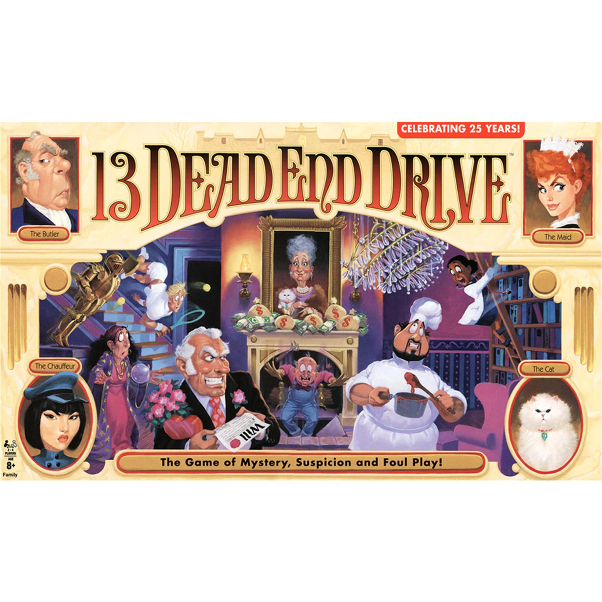 Cover art for the board game 13 Dead End Drive, featuring illustrations of non-playable characters and a depiction of the game's 3D house board.