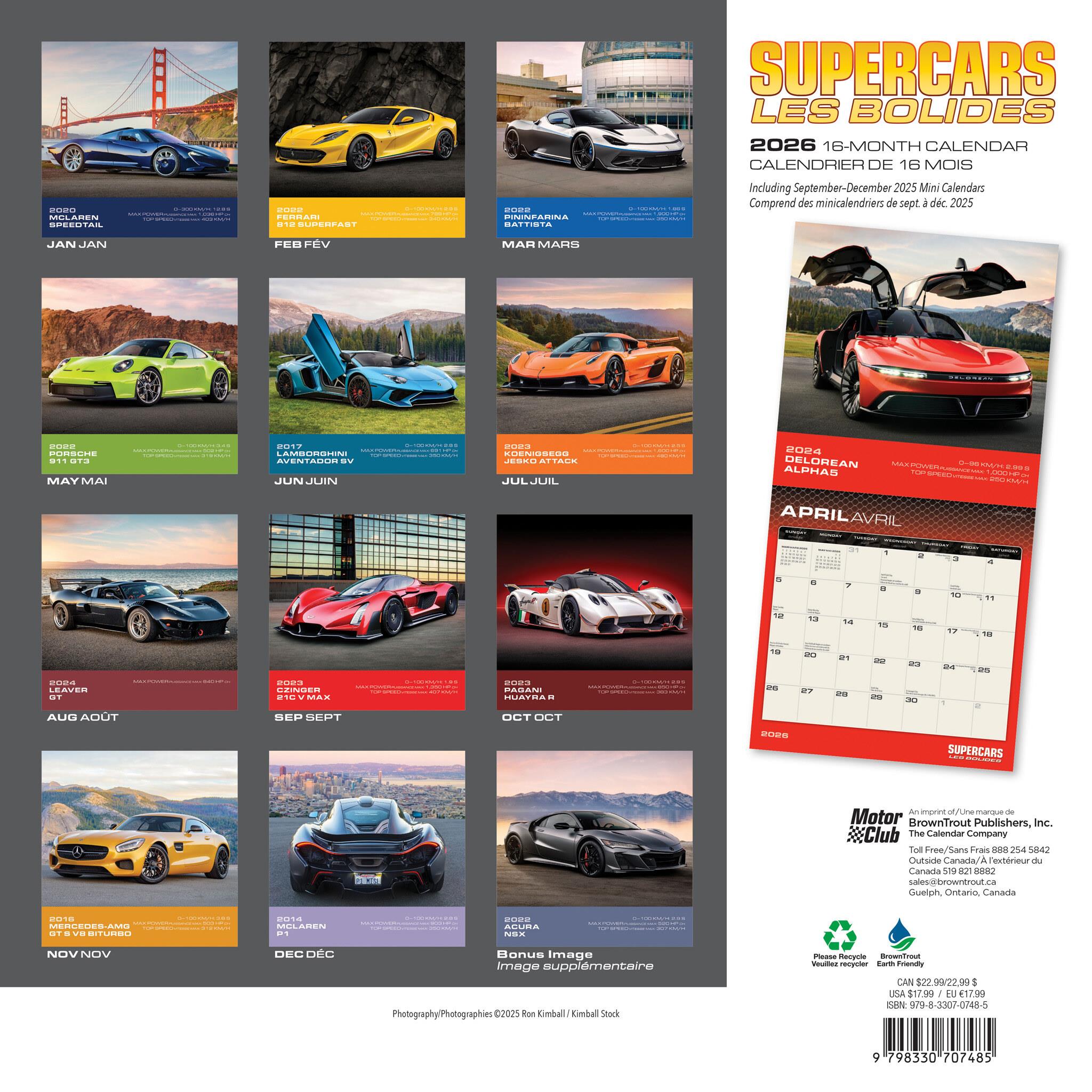 Supercars Les Bolides 2026 Wall Calendar (French)