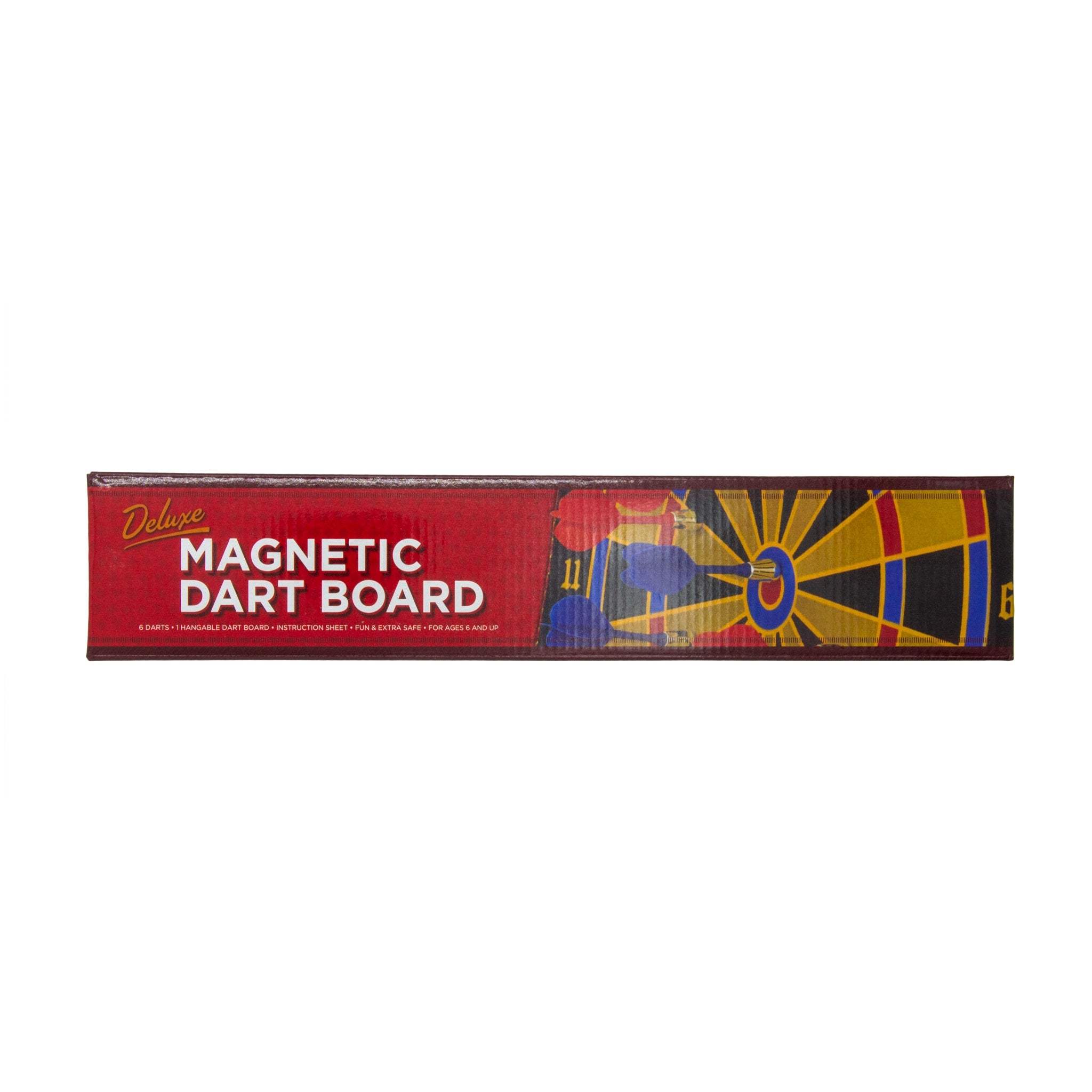 A 15 inch magnetic dart board with multicolored bullseye and red borders, packaged in a rectangular box with the product name displayed.