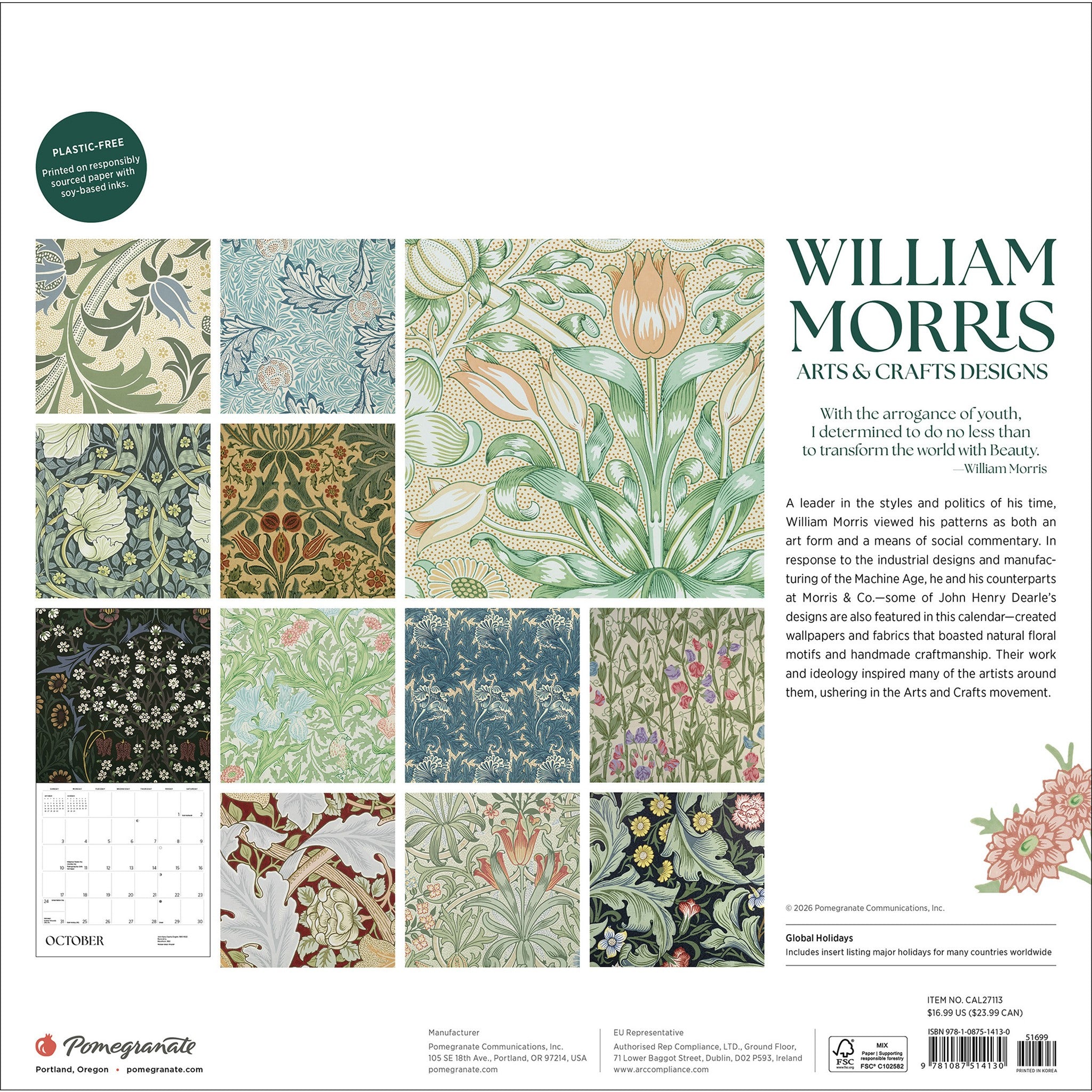 William Morris Arts Crafts Designs 2027 Wall Calendar
