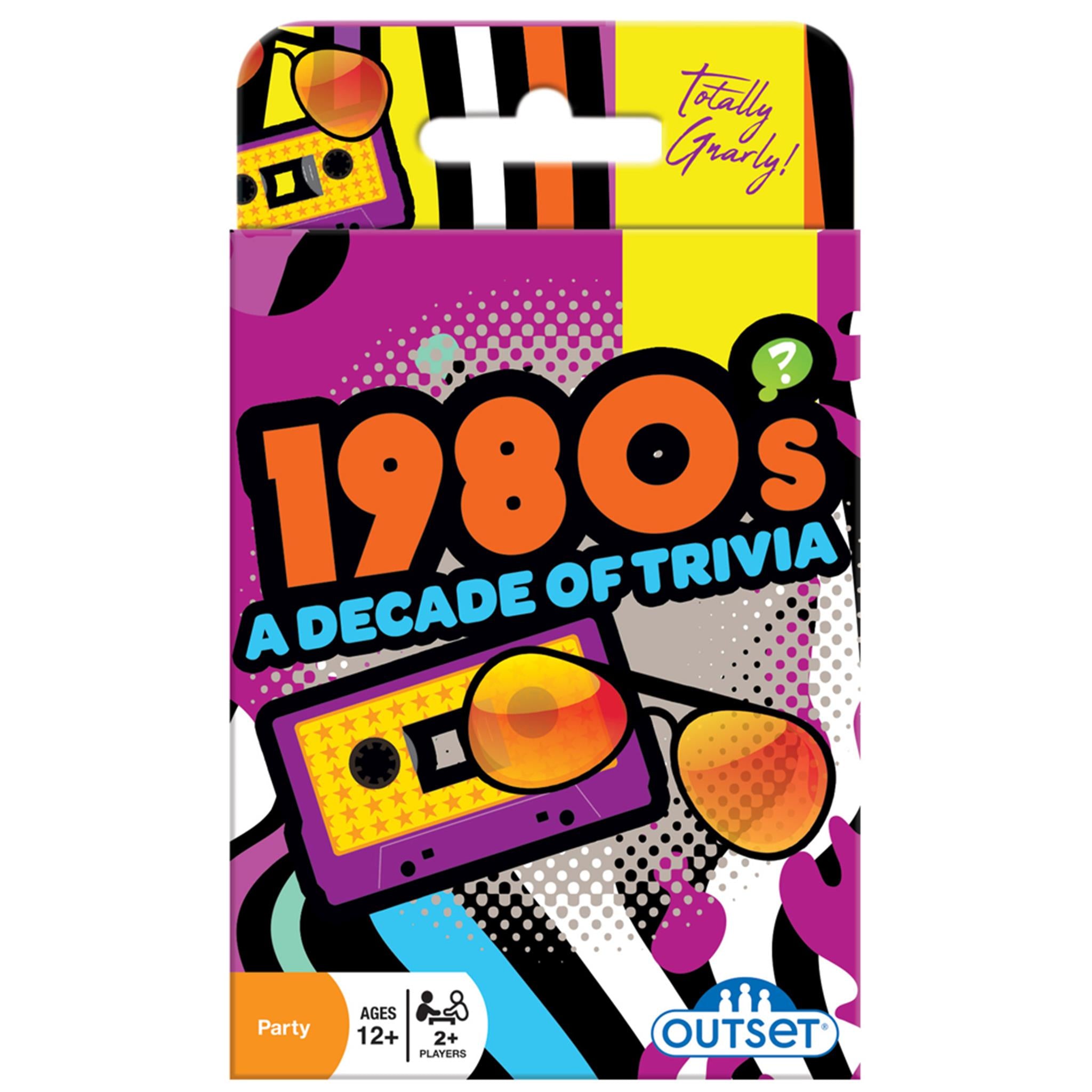 A packaged card game titled '1980s Decade of Trivia' with 80s themed graphics including cassette tapes, sunglasses, and vibrant colors.