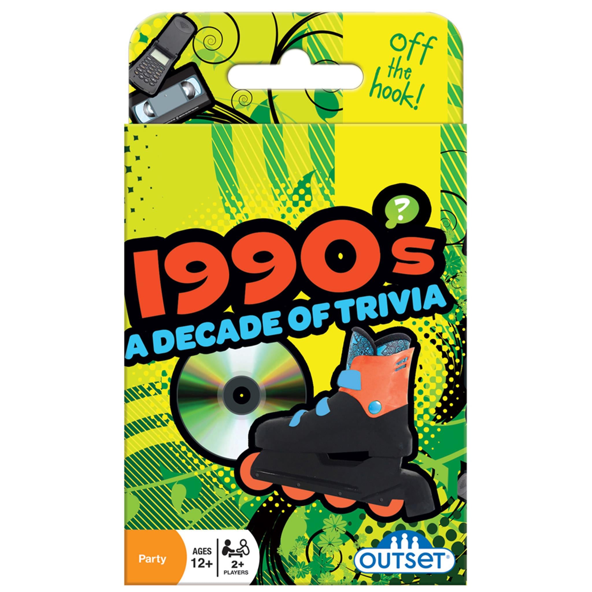 A package for the '1990s Decade of Trivia' game featuring a colorful design with '90s-themed graphics, including a cassette tape, pizza slice, and roller skates.