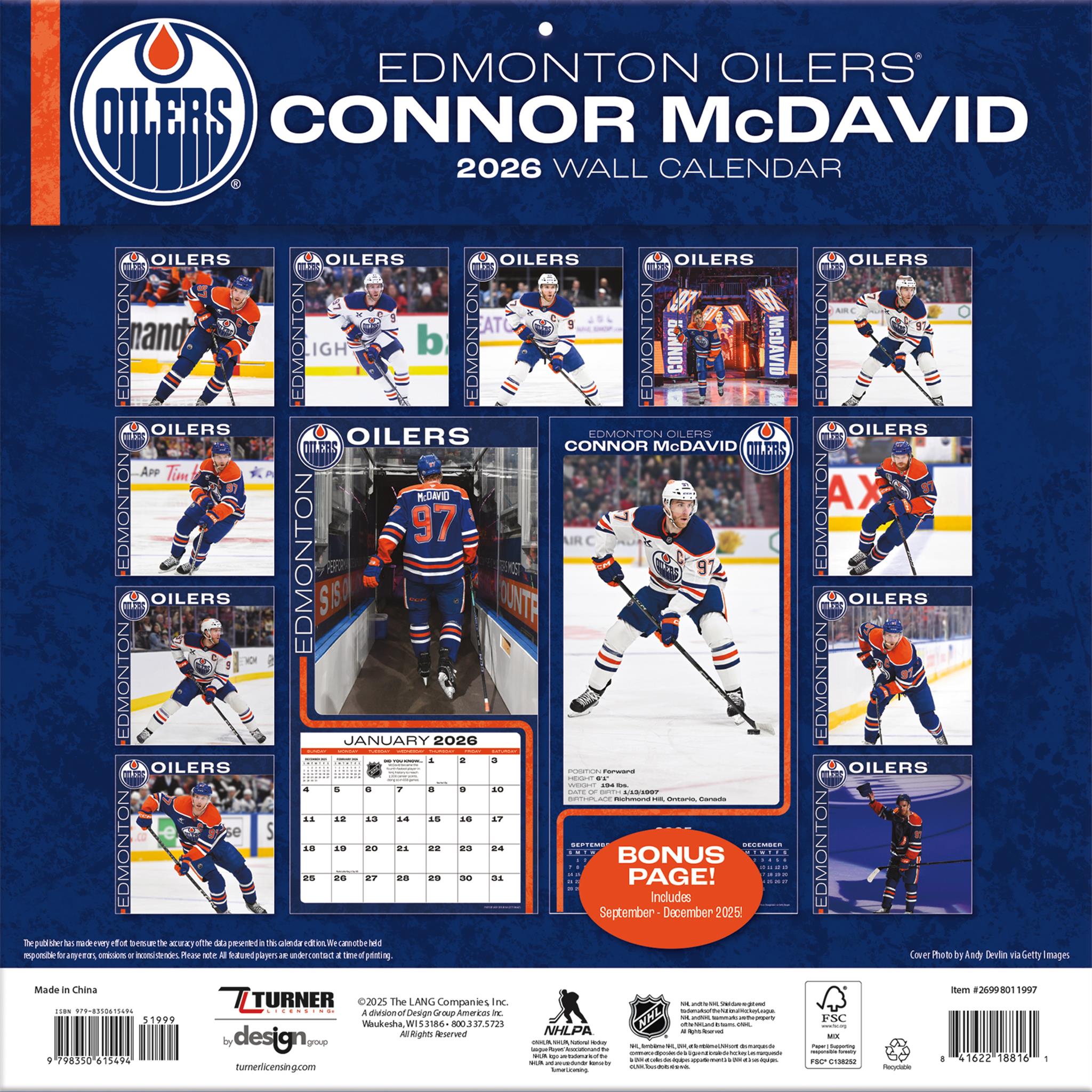 NHL Connor Mcdavid Edmonton Oilers 2026 Wall Calendar