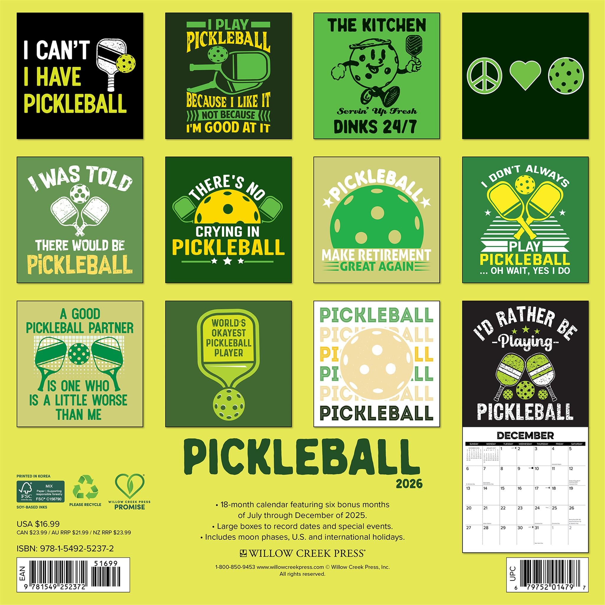 Pickleball 2026 Wall Calendar