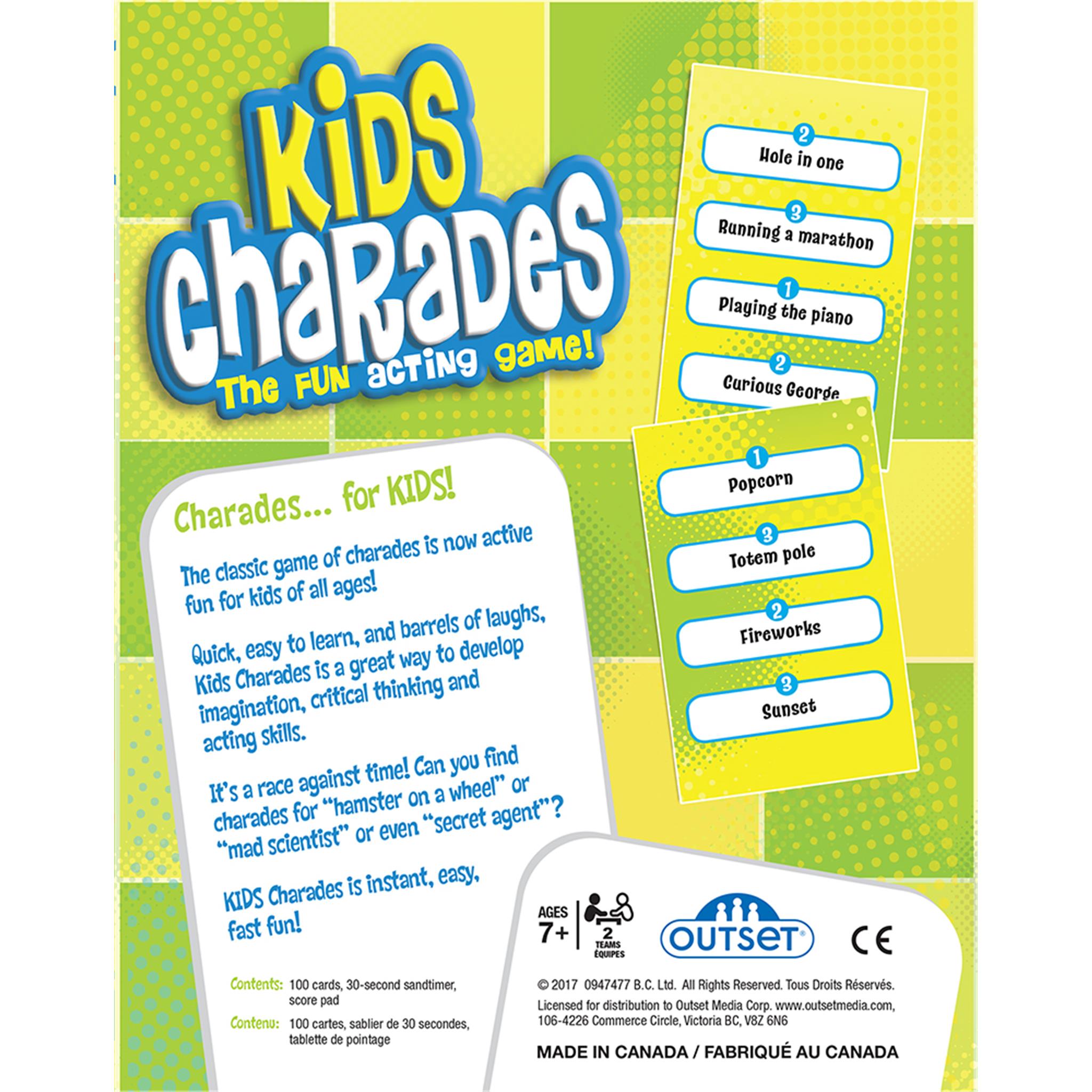 Back of the box for Charades for Kids with rules and example of questions