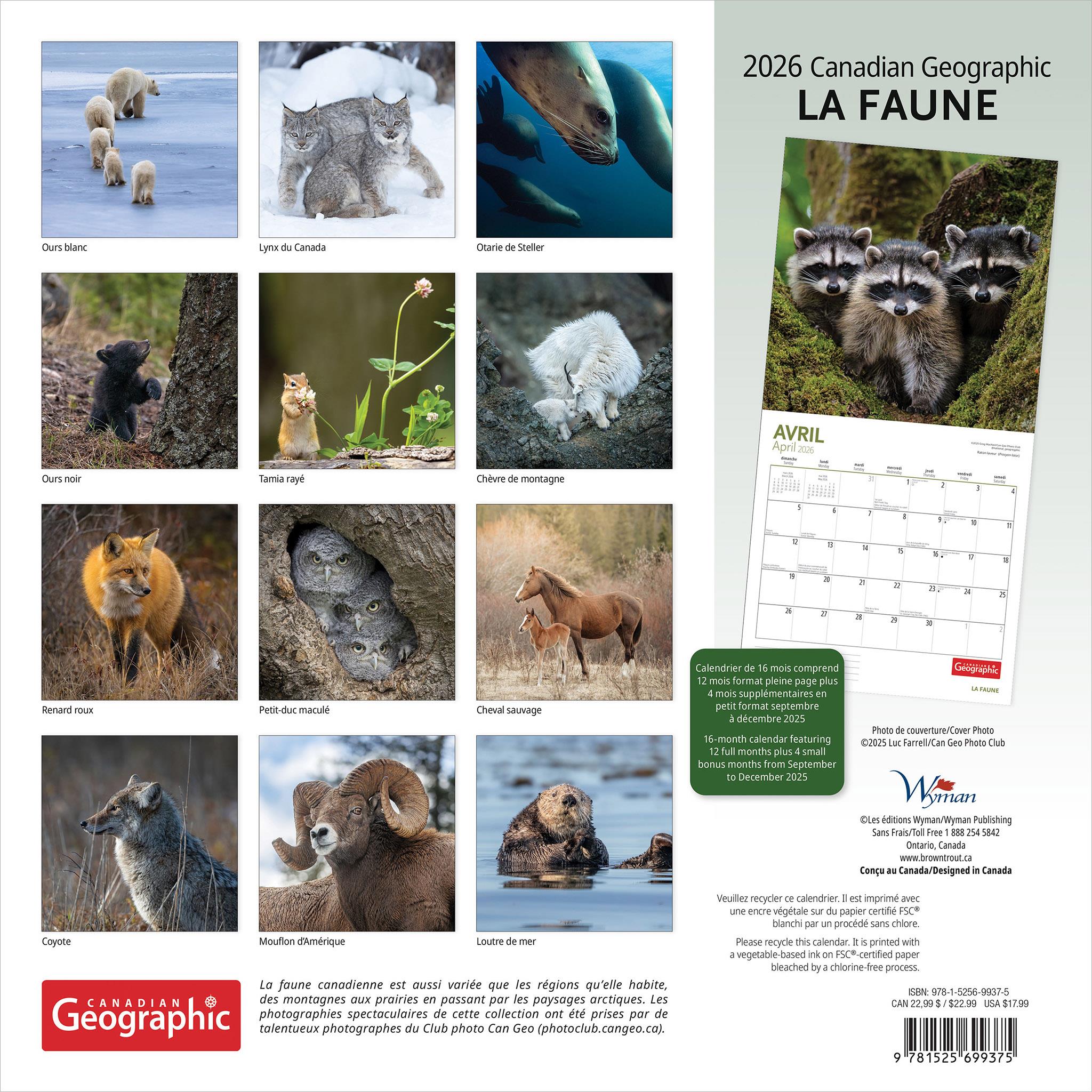 Canadian Geographic La Faune 2026 Wall Calendar (French)
