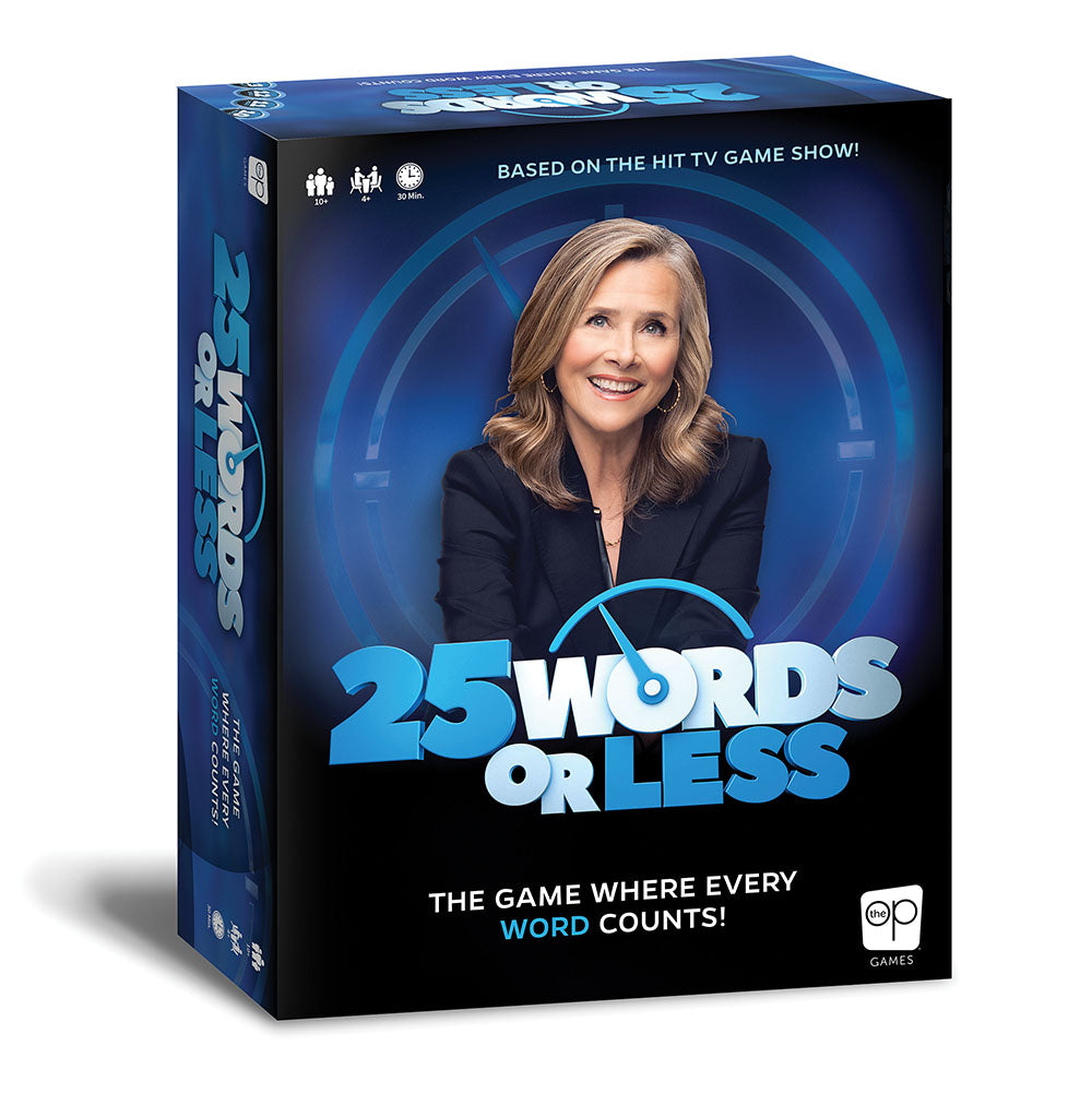 Board game box cover for '25 Words or Less' featuring an image of a woman host on the cover with game details and the USAopoly logo.