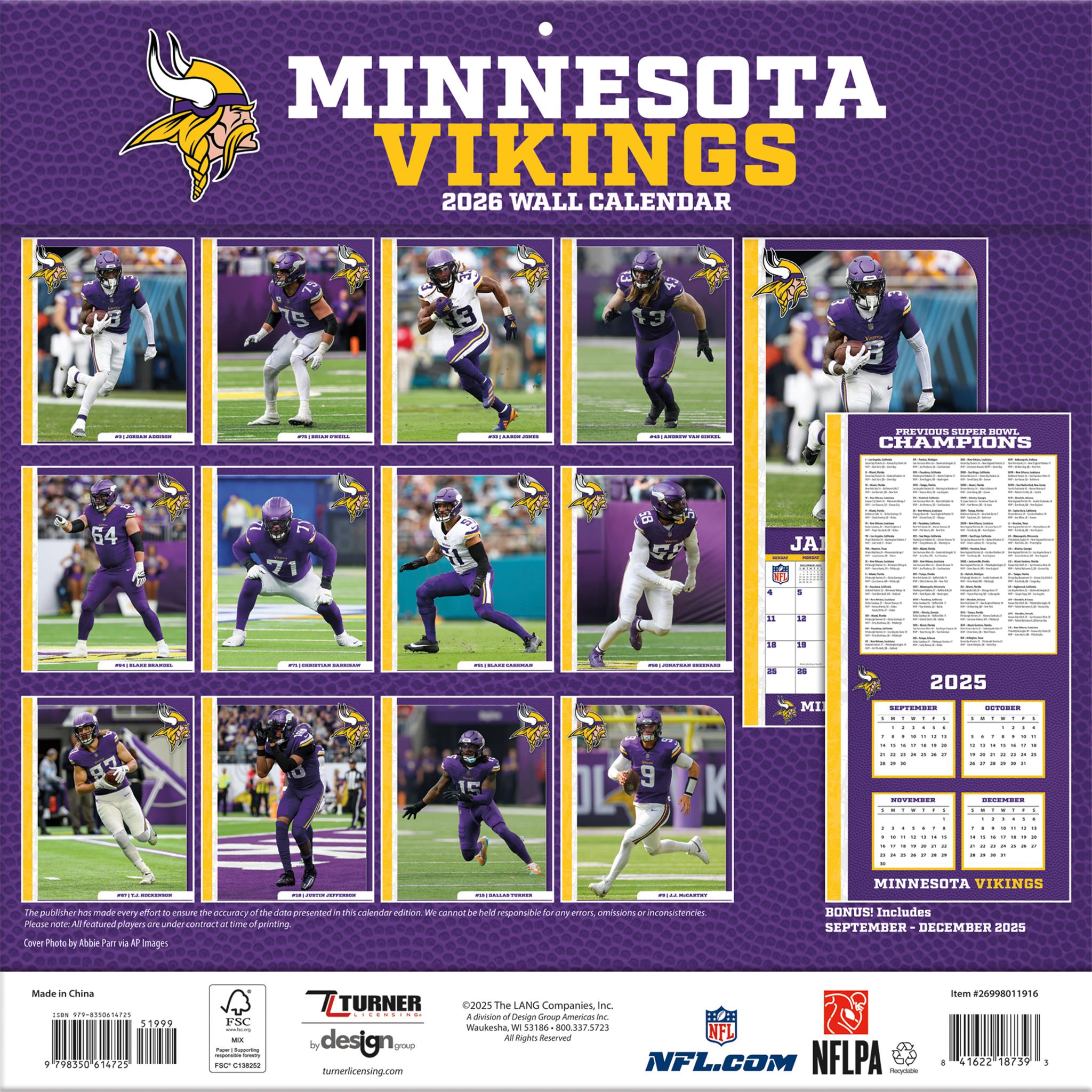 NFL Minnesota Vikings 2026 Wall Calendar