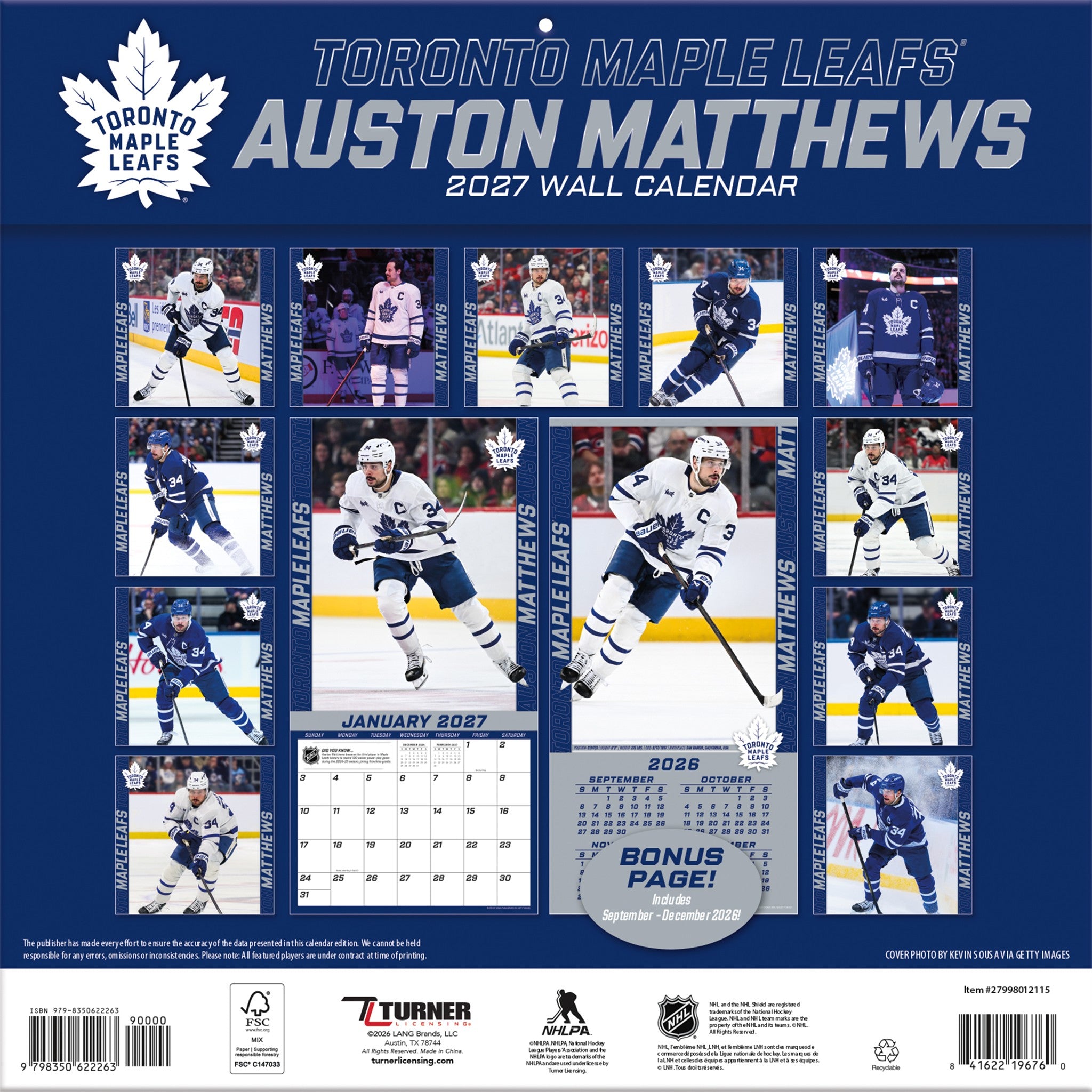 NHL Auston Matthews Toronto Maple Leafs 2027 Wall Calendar