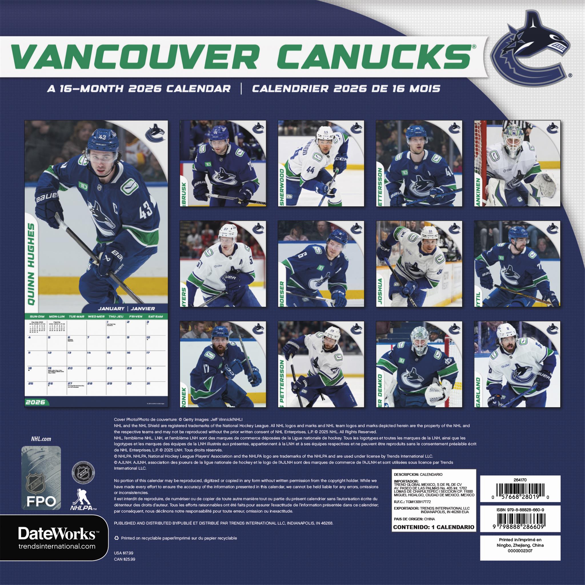 NHL Vancouver Canucks Bilingual 2026 Wall Calendar