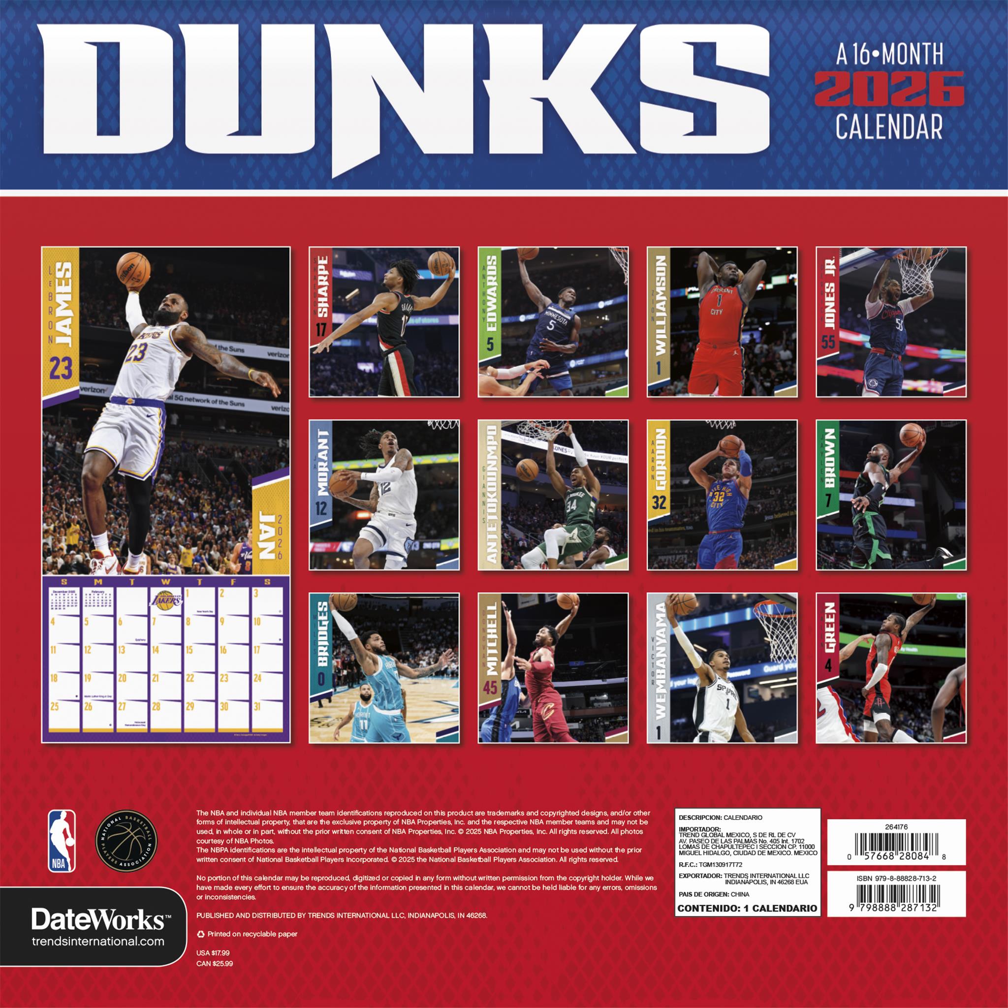 NBA Dunks 2026 Wall Calendar