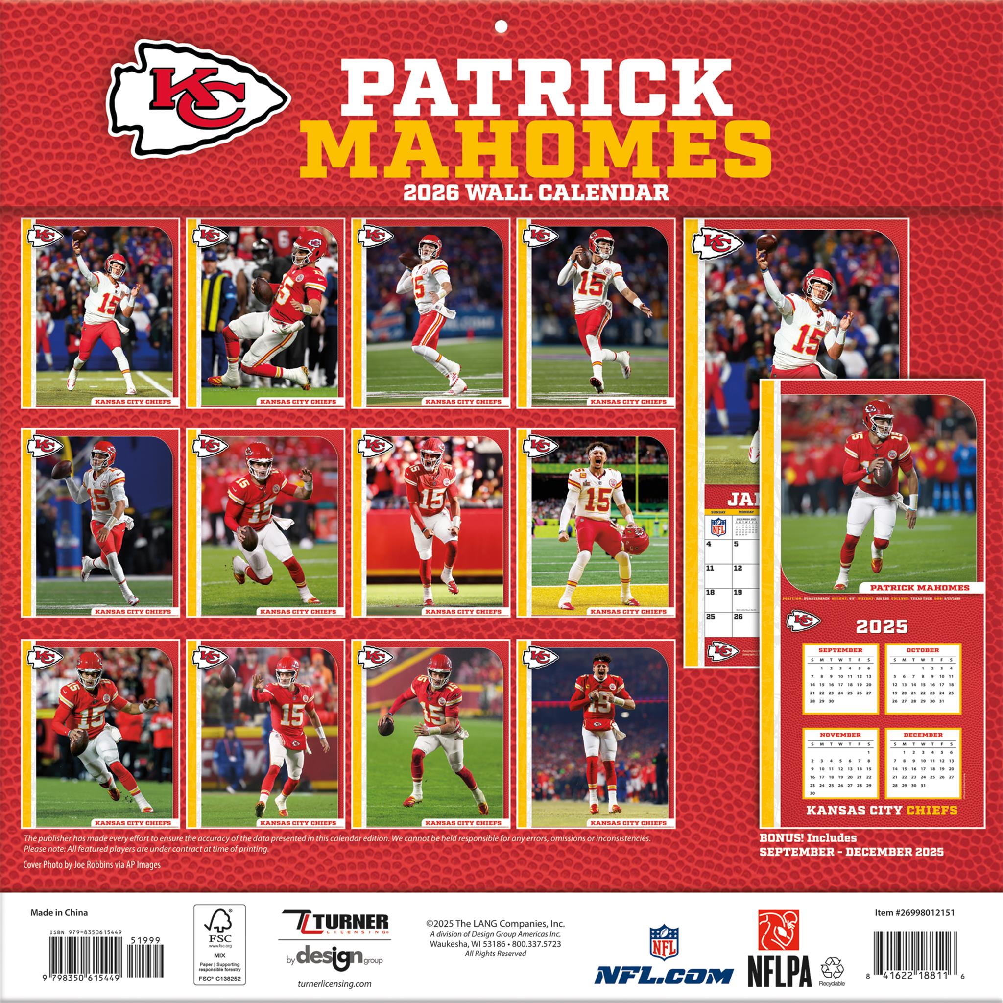 NFL Patrick Mahomes Kansas City Chiefs 2026 Wall Calendar