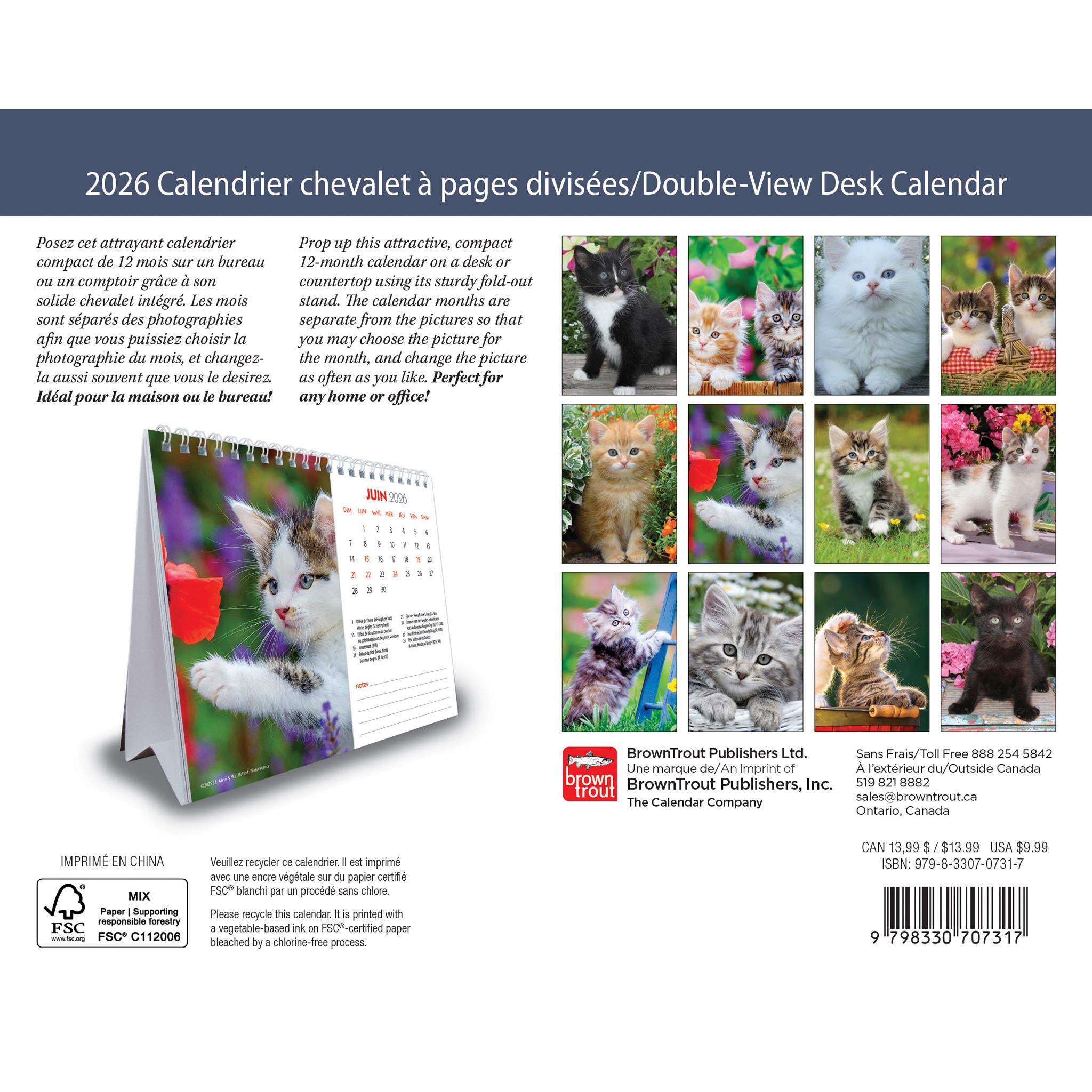 Chatons 2026 Double View Easel Calendar (French)