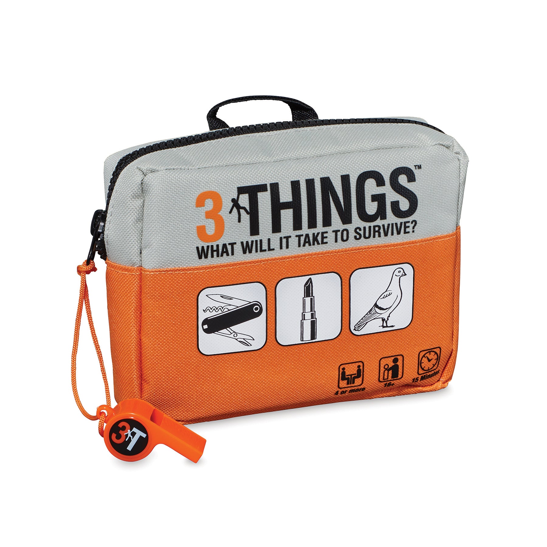A packaged board game titled '3 Things to Survive' with an orange and gray color scheme, featuring images of a whistle, pen, and other items, and including a small orange whistle.