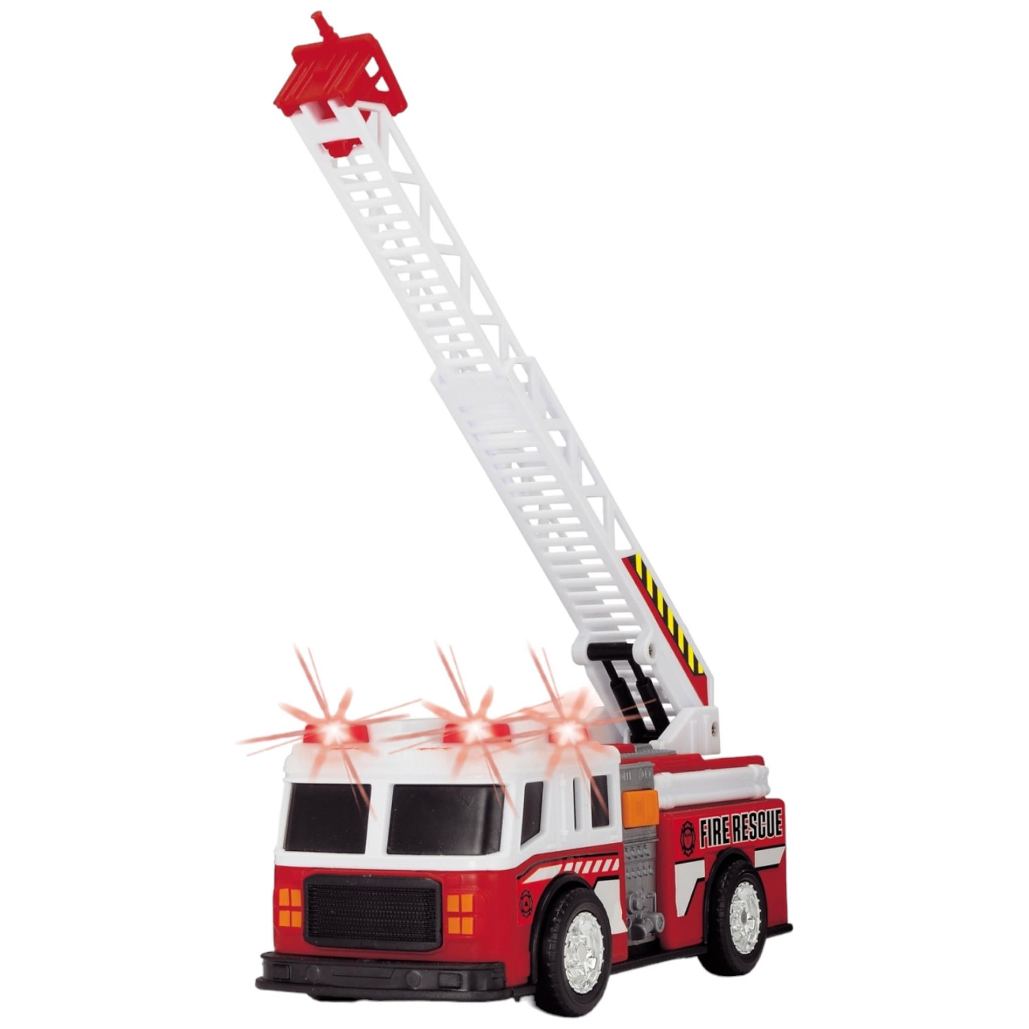 A red toy fire truck with a telescopic ladder and light and sound effects.