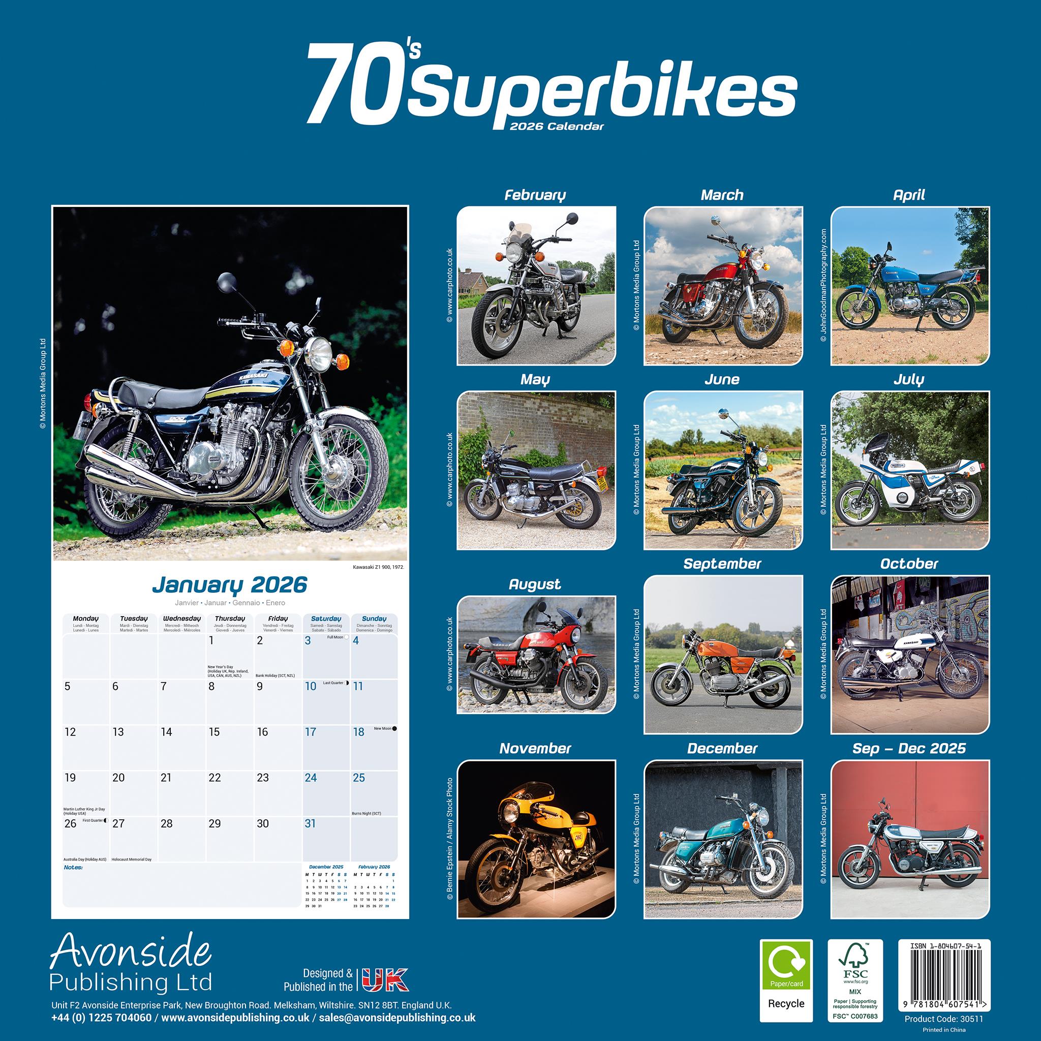 70s Superbikes 2026 Wall Calendar