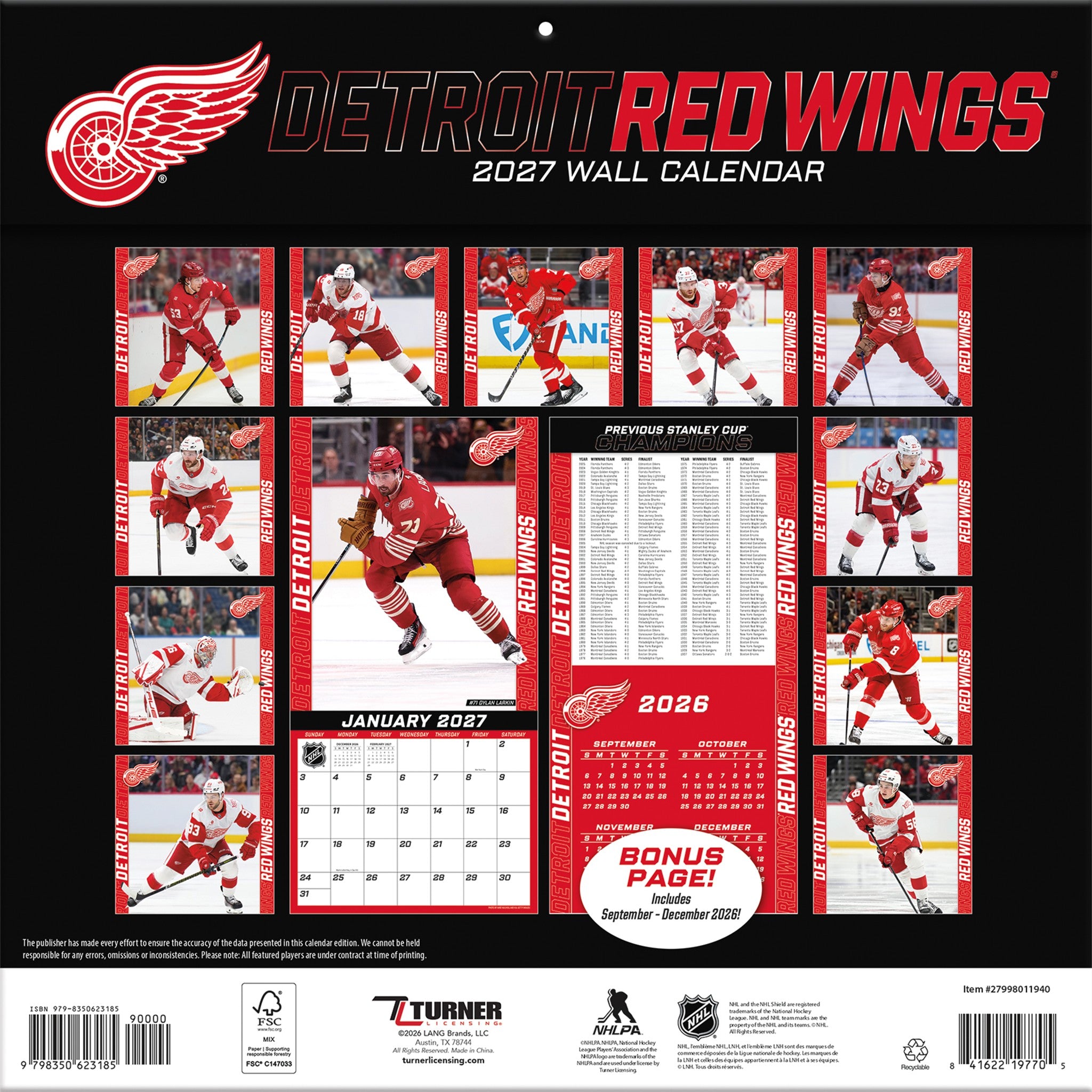 NHL Detroit Red Wings 2027 Wall Calendar