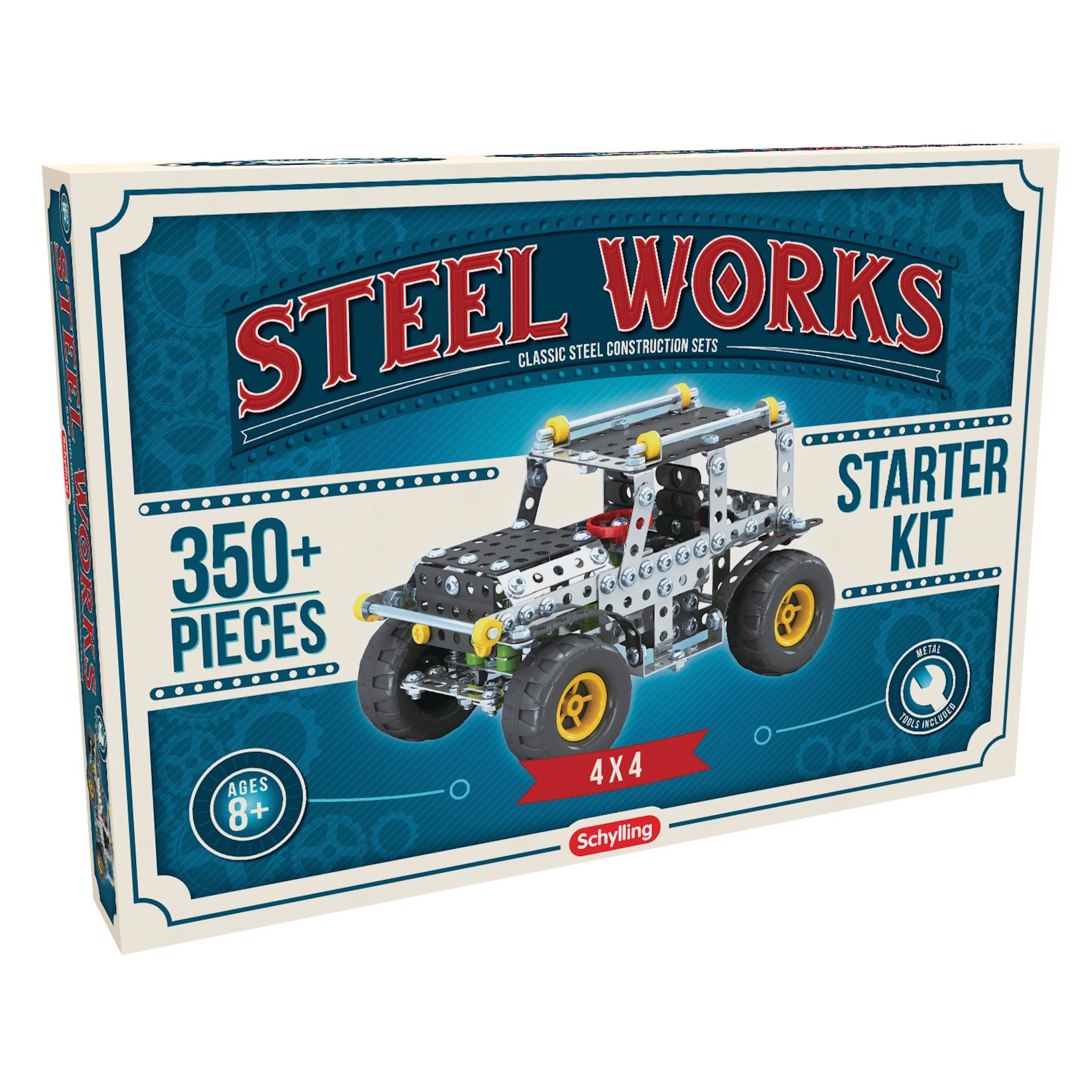 Packaging for the Steel Works construction set featuring a 4x4 vehicle model, with the text 'Starter Kit' and '350+ Pieces' highlighted.