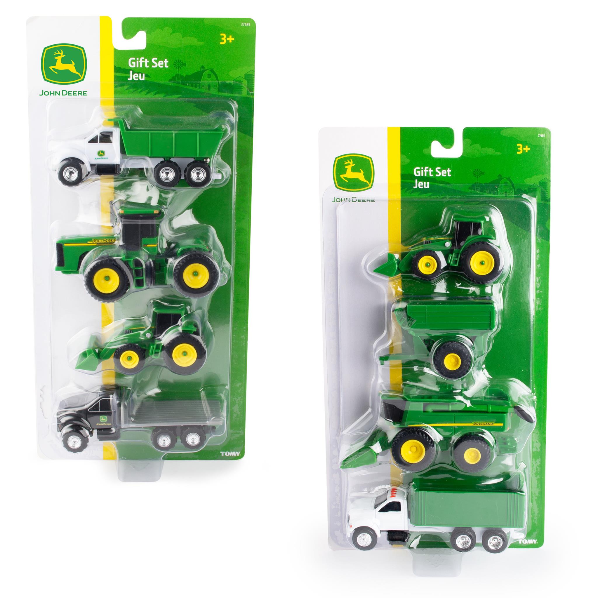 A 4-piece John Deere toy set featuring assorted construction vehicles, packaged in a clear plastic box with green accents.