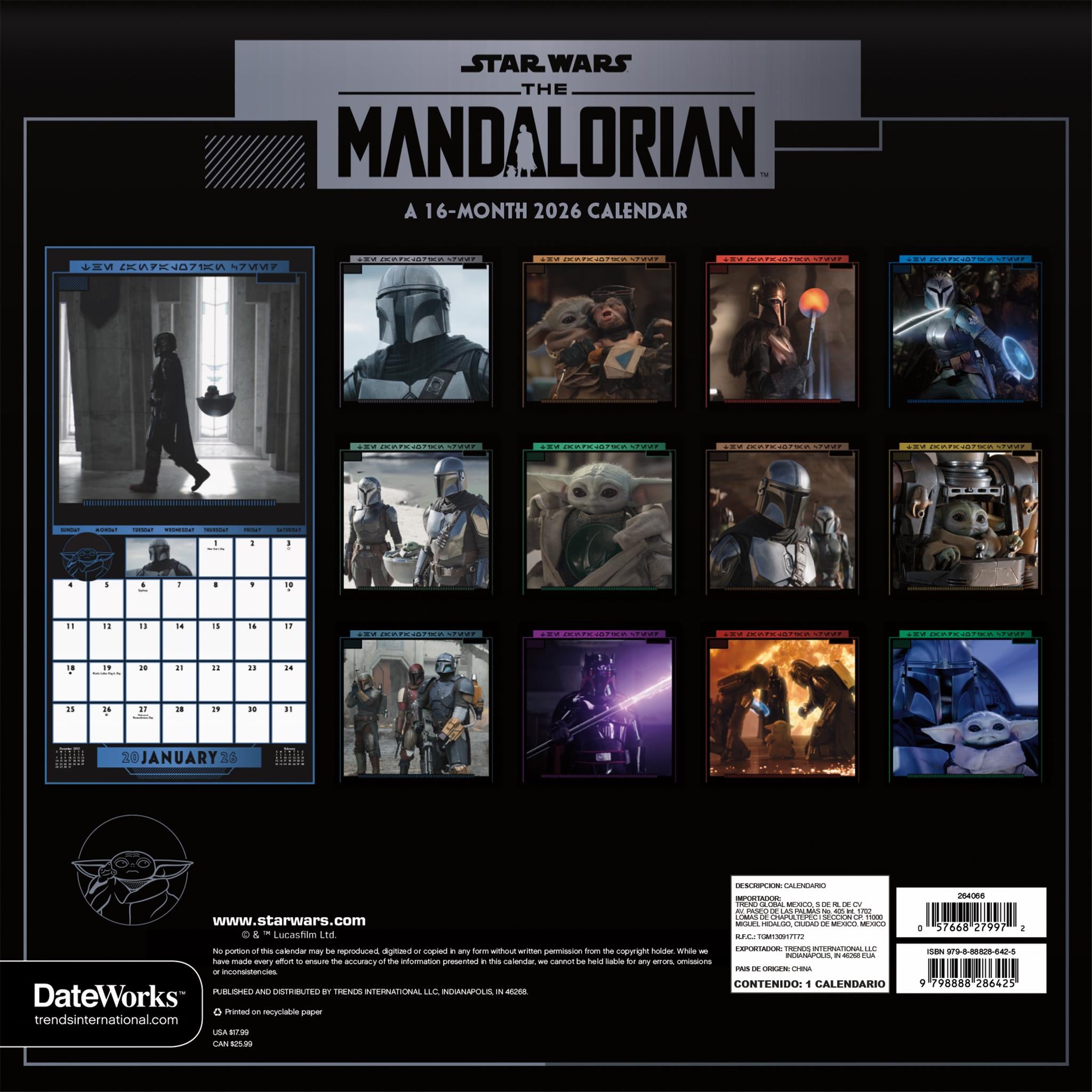 Star Wars Mandalorian 2026 Wall Calendar
