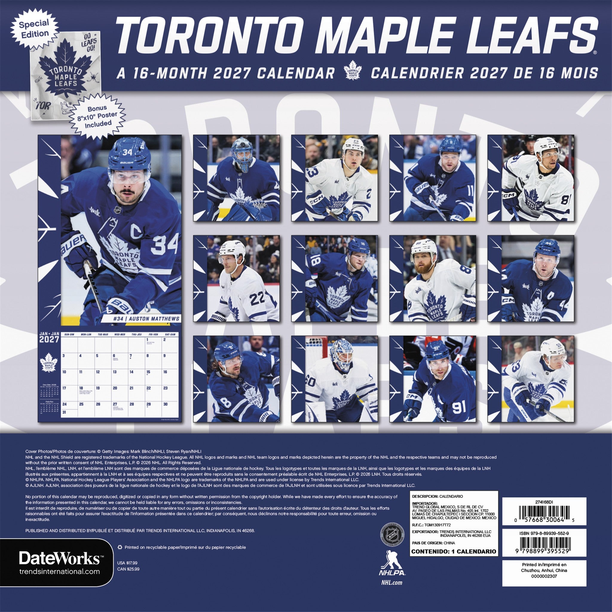 NHL Toronto Maple Leafs Exclusive with Print 2027 Wall Calendar