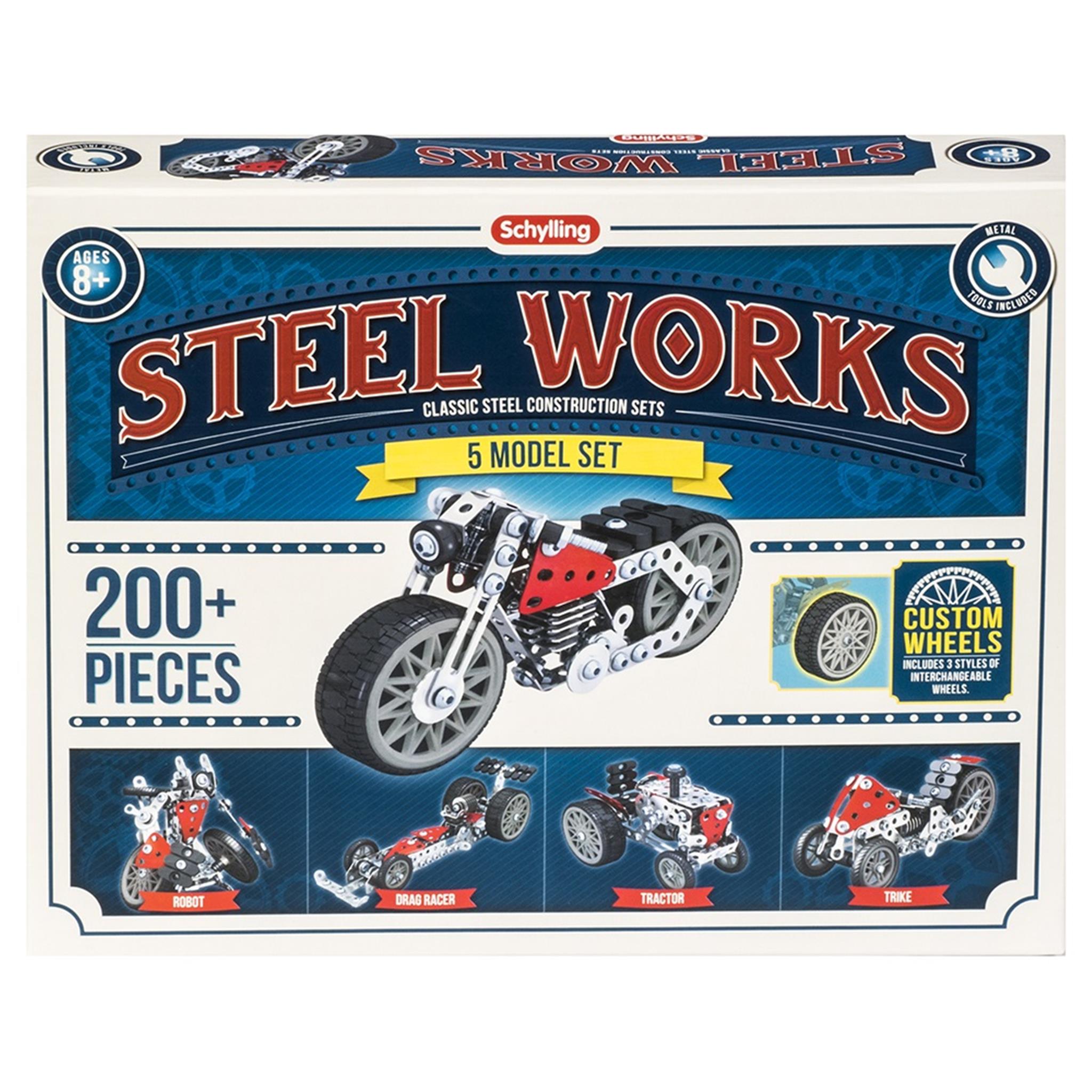 Box packaging for 'Steel Works 5 Model Set' construction set featuring illustrations of steel construction models, text detailing the 200+ pieces included, and mentions of custom wheels.