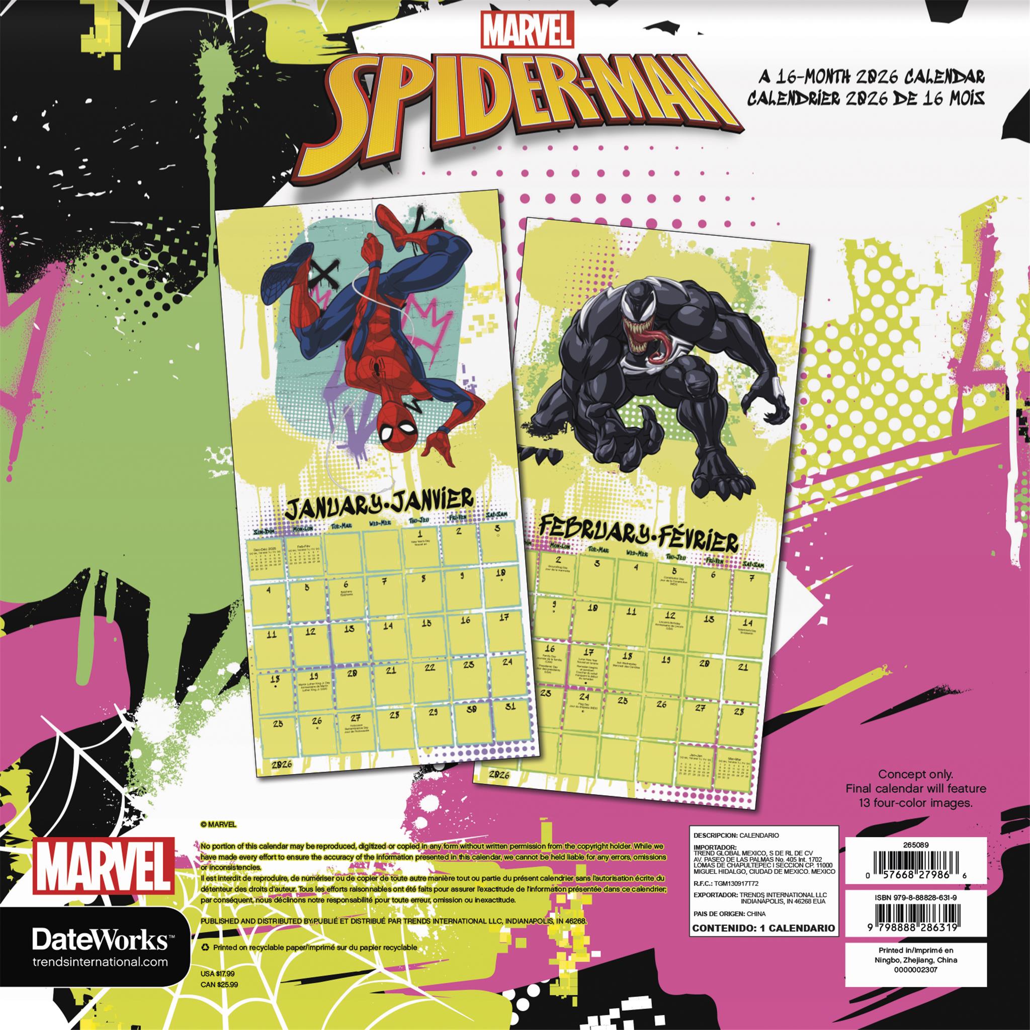 Spider Man Bilingual 2026 Wall Calendar