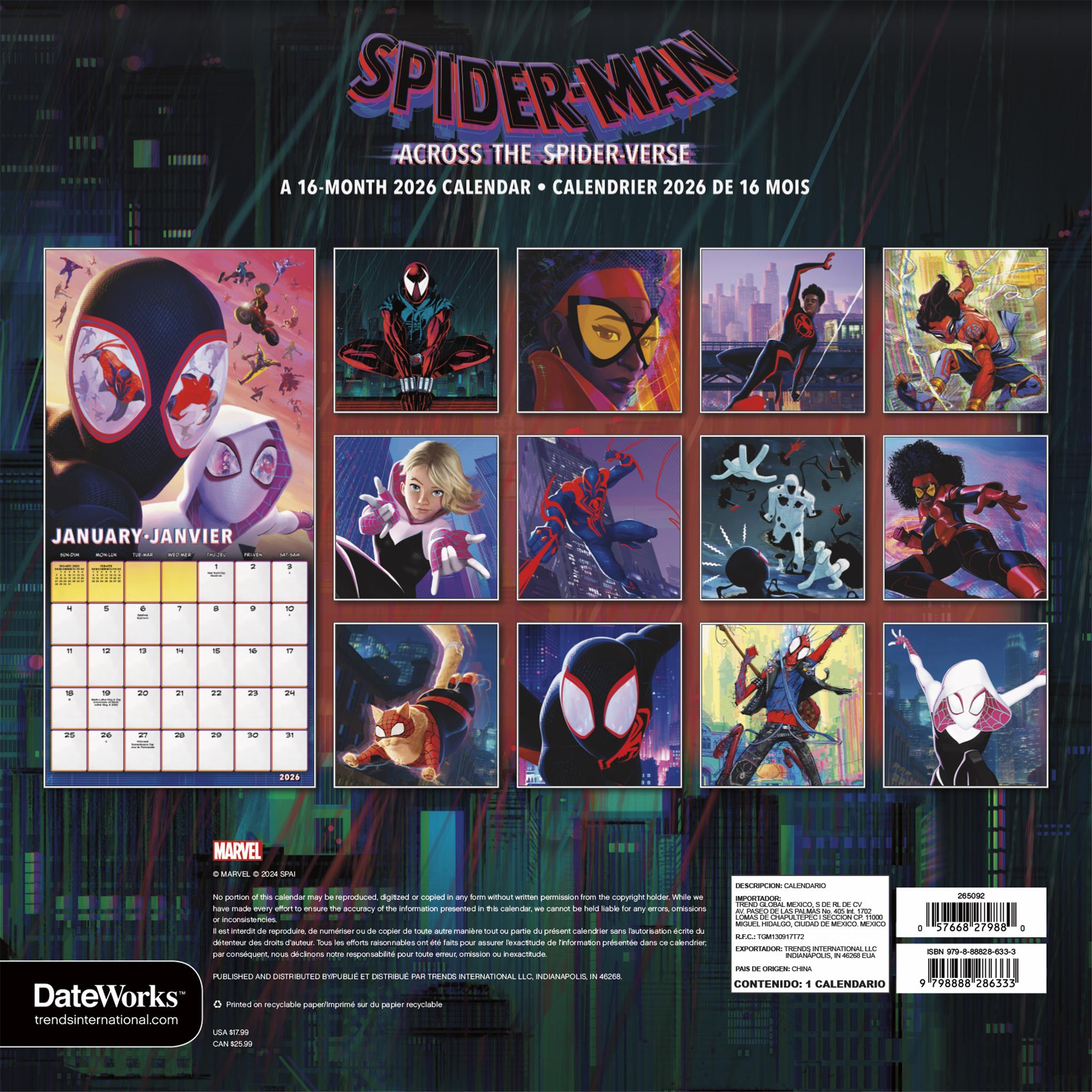 Spider Man Across The Spider Verse Bilingual 2026 Wall Calendar