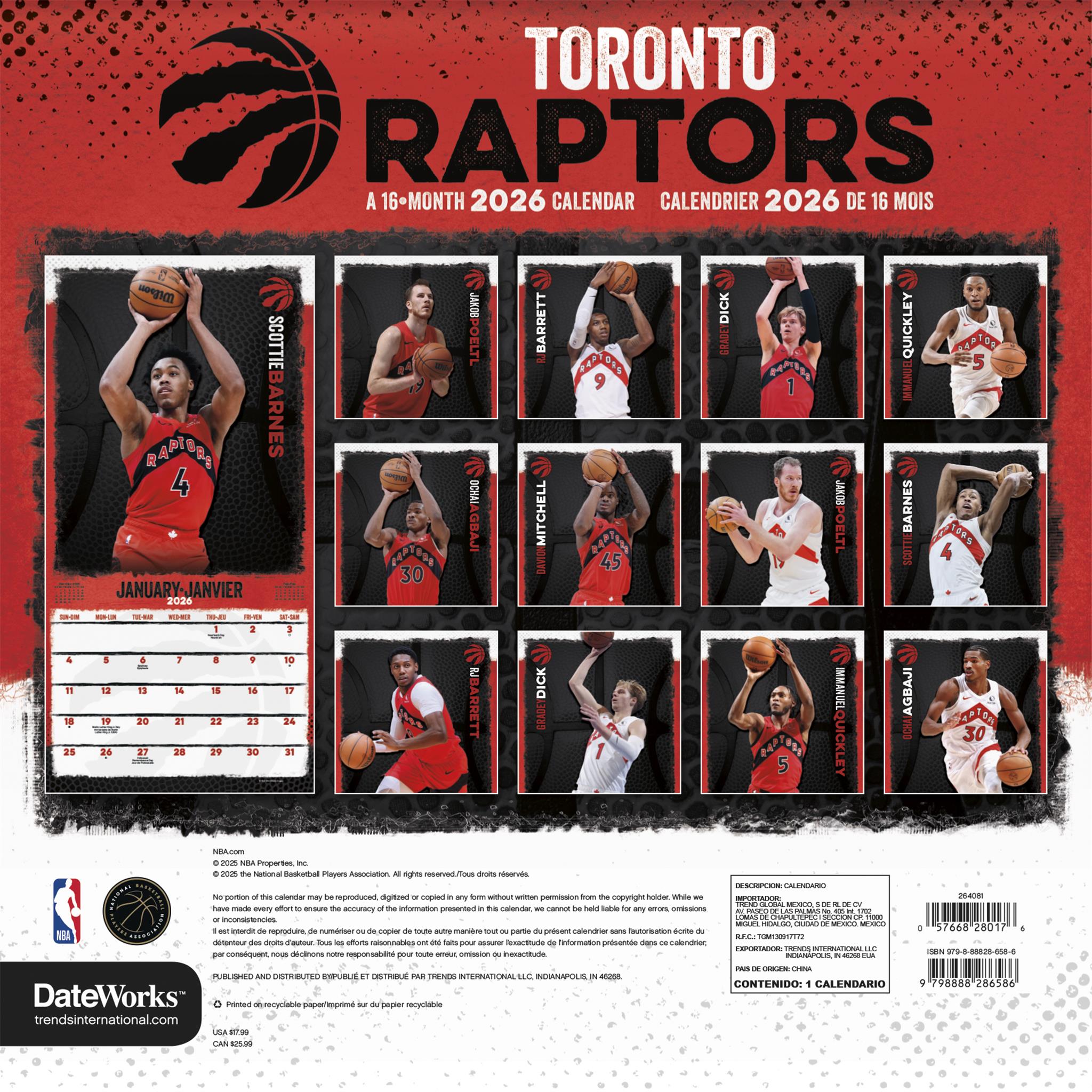 NBA Toronto Raptors Bilingual 2026 Wall Calendar