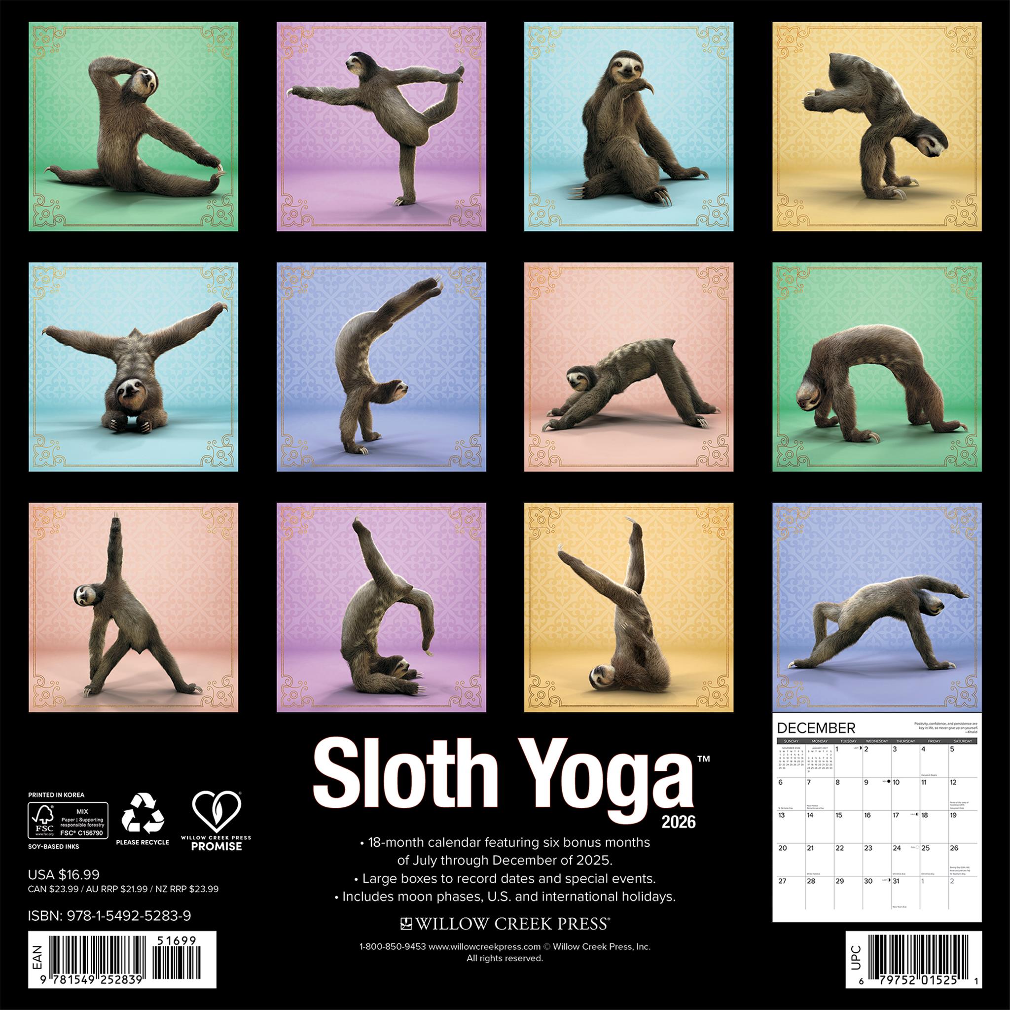 Sloth Yoga 2026 Wall Calendar