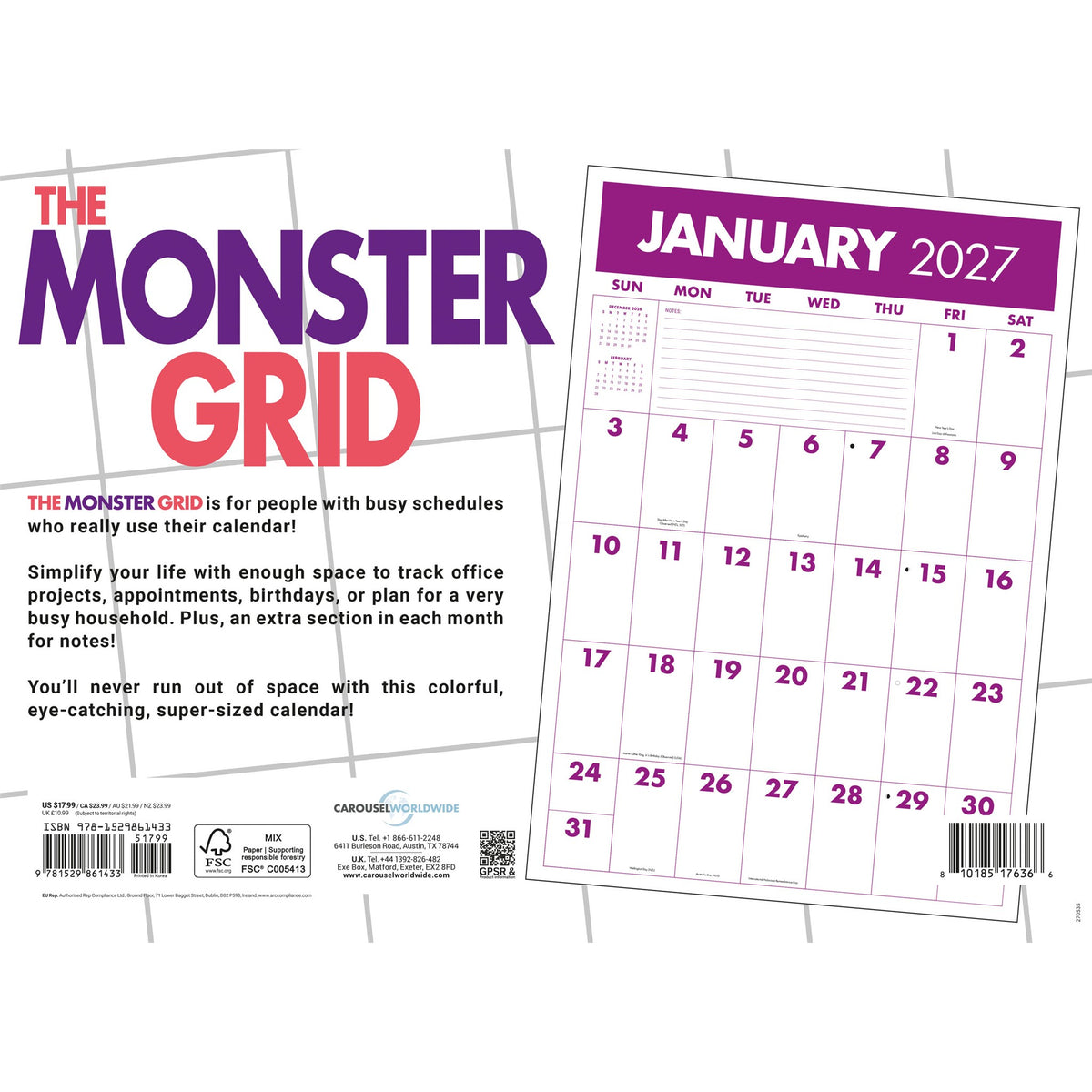 Monster Grid 2027 Wall Calendar