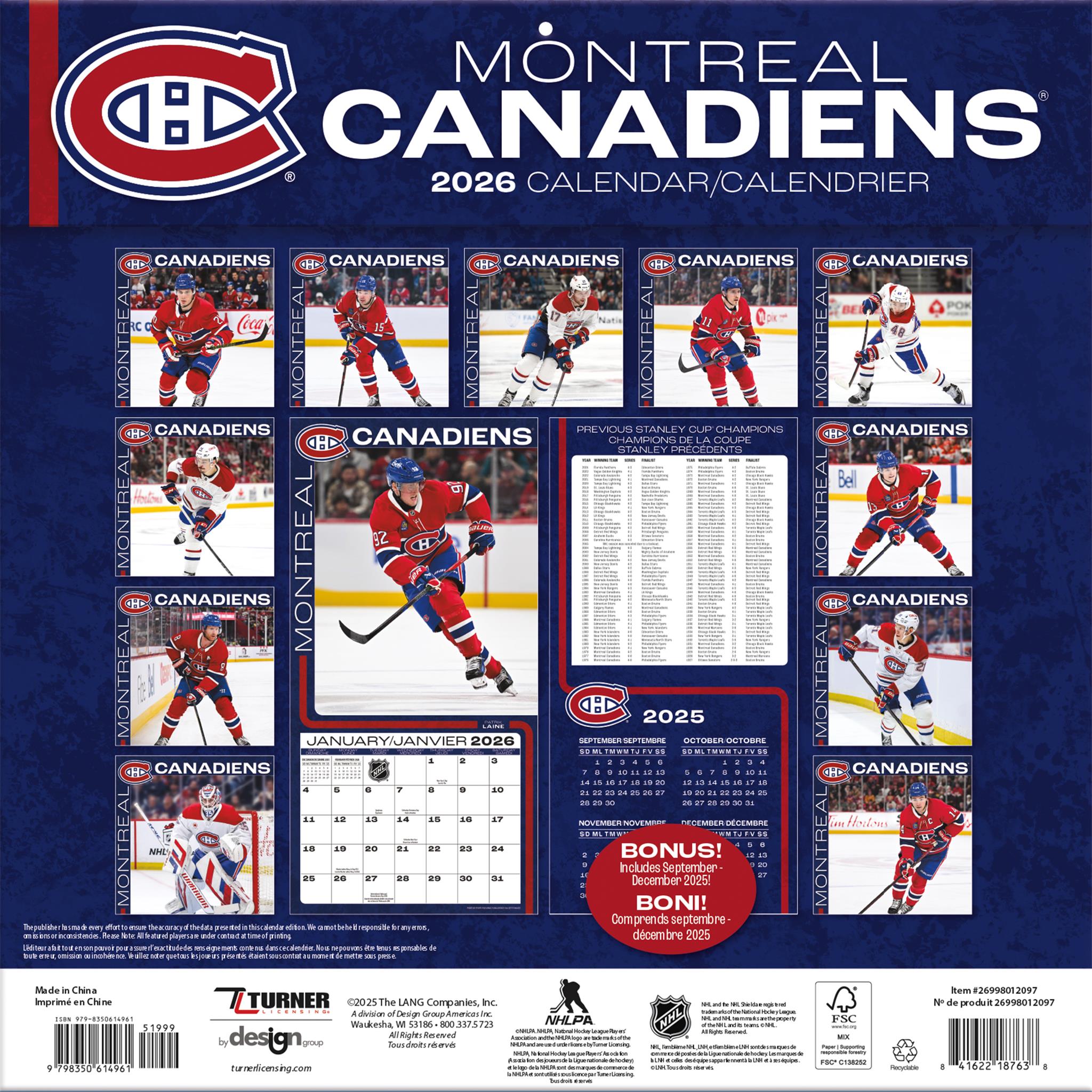 NHL Montreal Canadiens Bilingual 2026 Wall Calendar