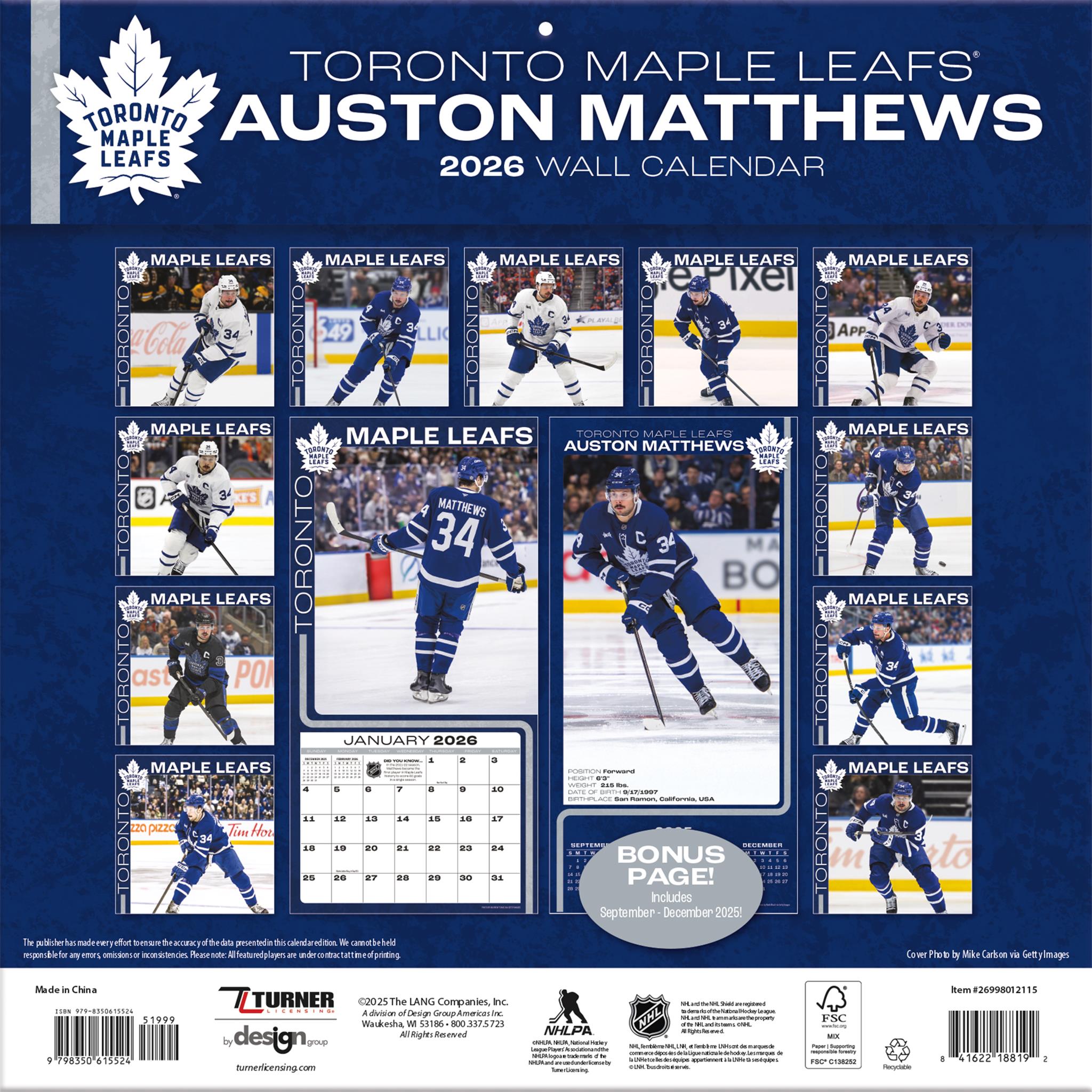 NHL Auston Matthews Toronto Maple Leafs 2026 Wall Calendar
