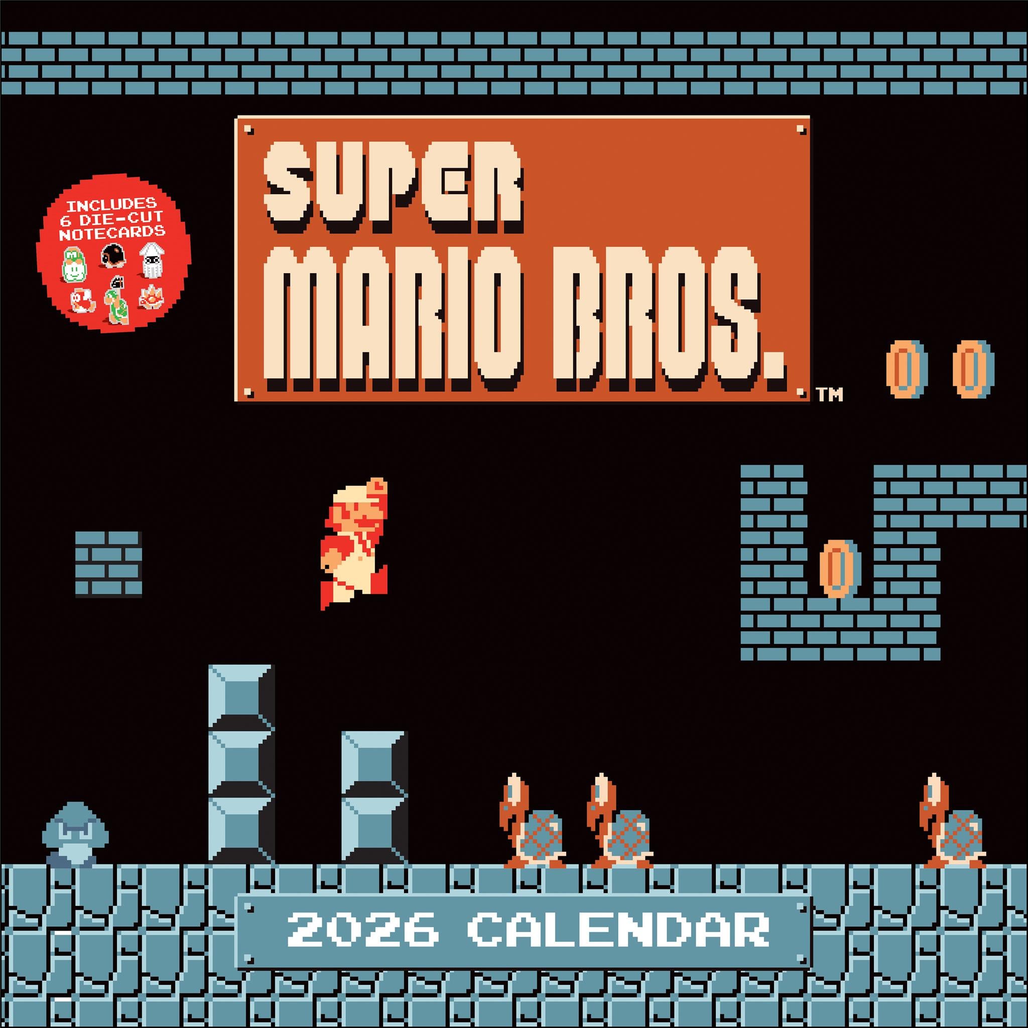 Super Mario Bros. 8-Bit Retro With Die-Cut Notecards 2026 Wall Calendar