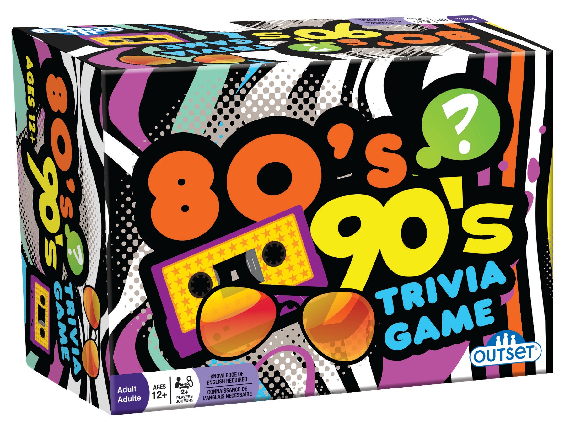 Packaging for the '80s 90s Trivia Game by Outset Media, featuring colorful design with text and iconic imagery from the 1980s and 1990s.