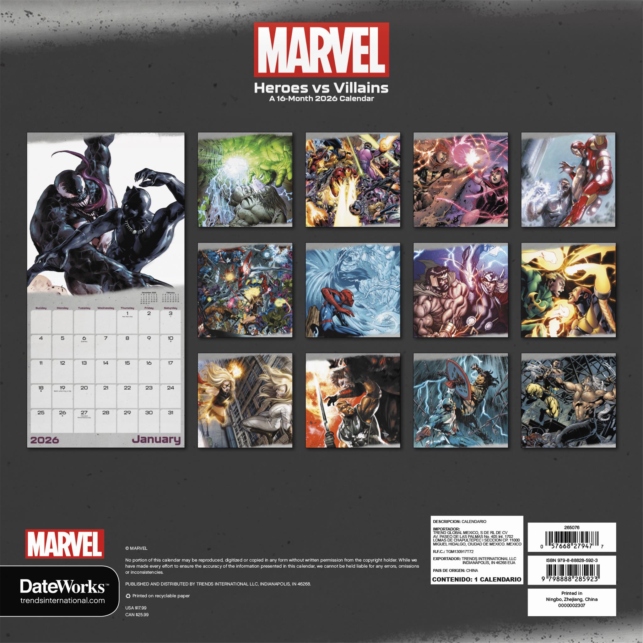 Marvel Heroes Vs Villains 2026 Wall Calendar