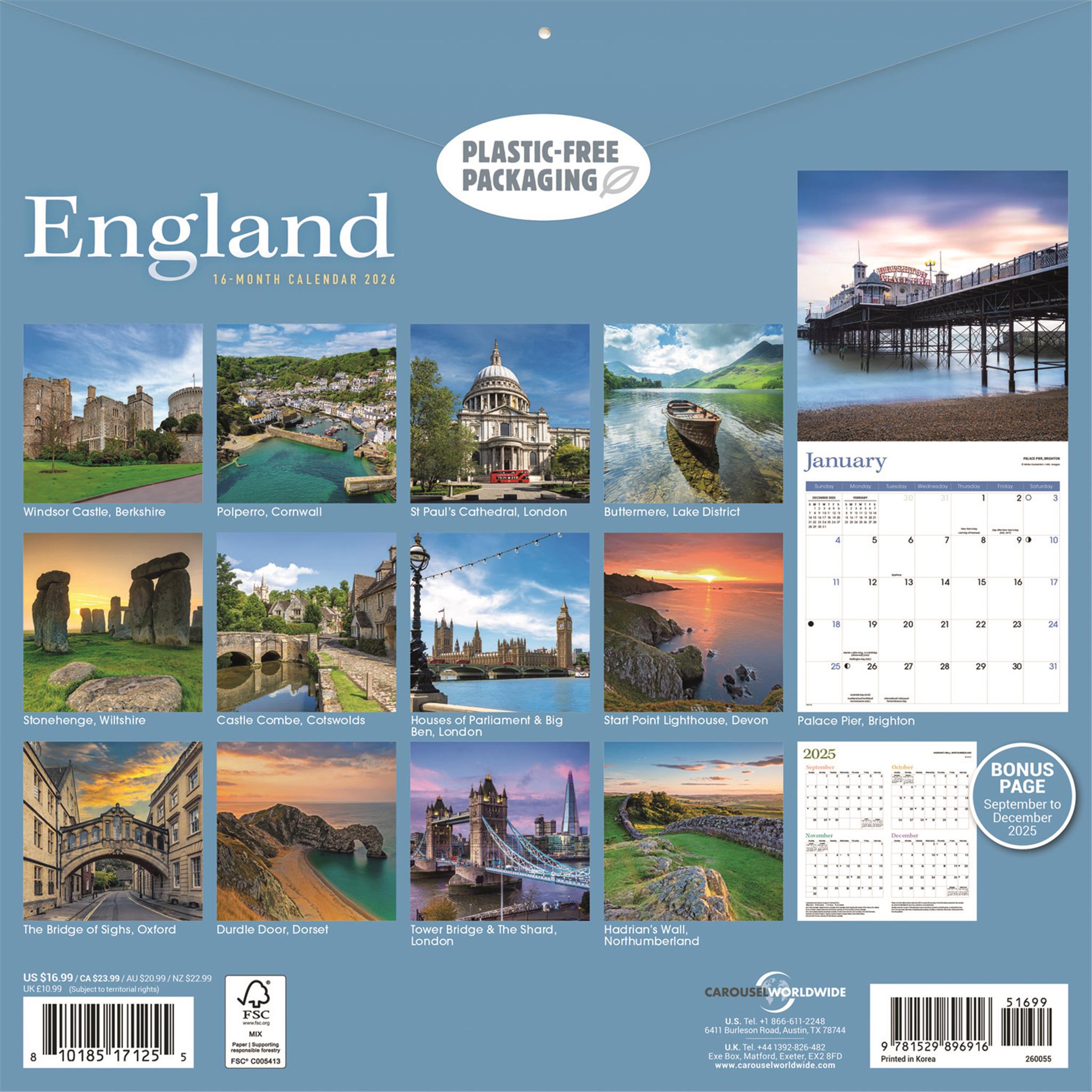 England 2026 Wall Calendar