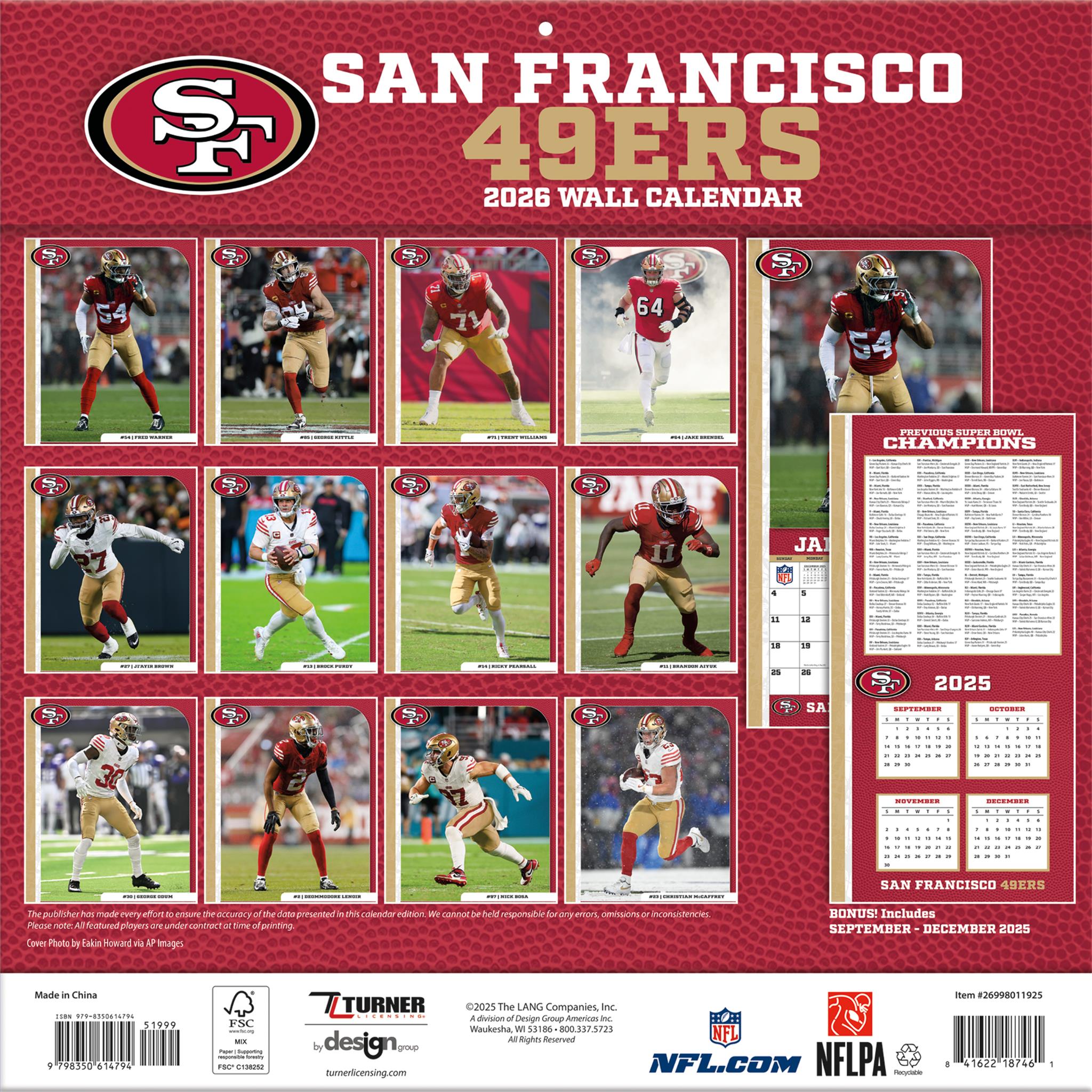 NFL San Francisco 49Ers 2026 Wall Calendar