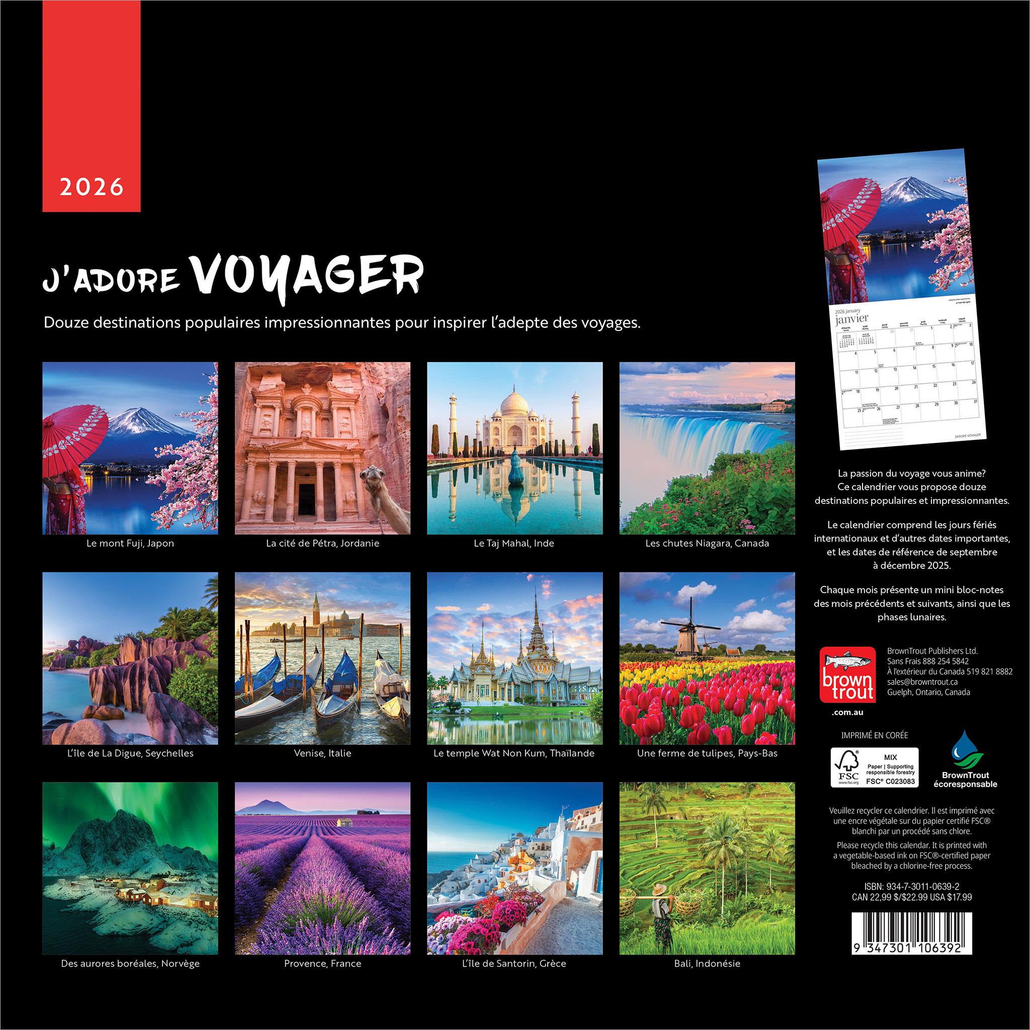 J'Adore Voyager 2026 Wall Calendar (French)