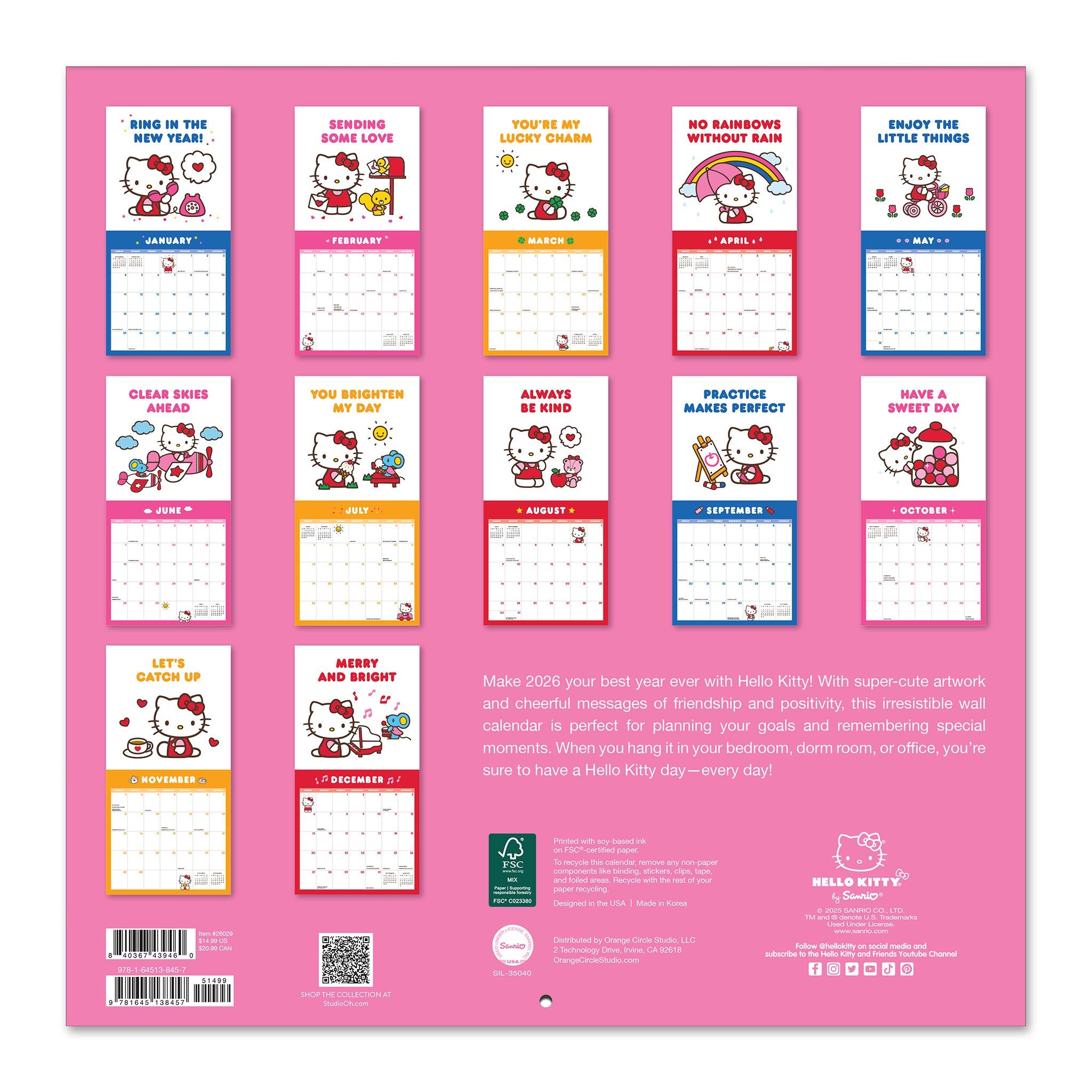 Hello Kitty Playful Pink 2026 Wall Calendar