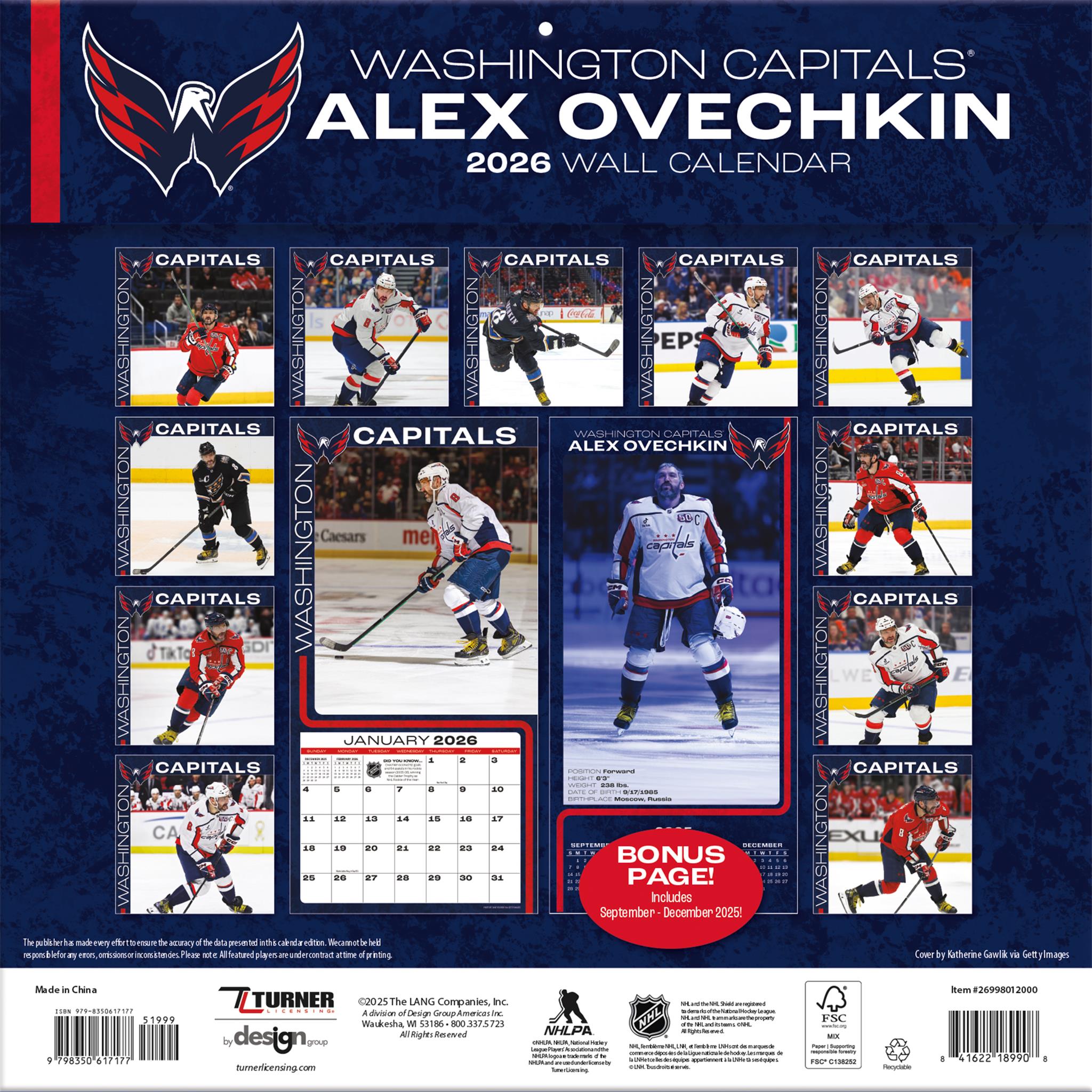 NHL Alex Ovechkin Washington Capitals 2026 Wall Calendar