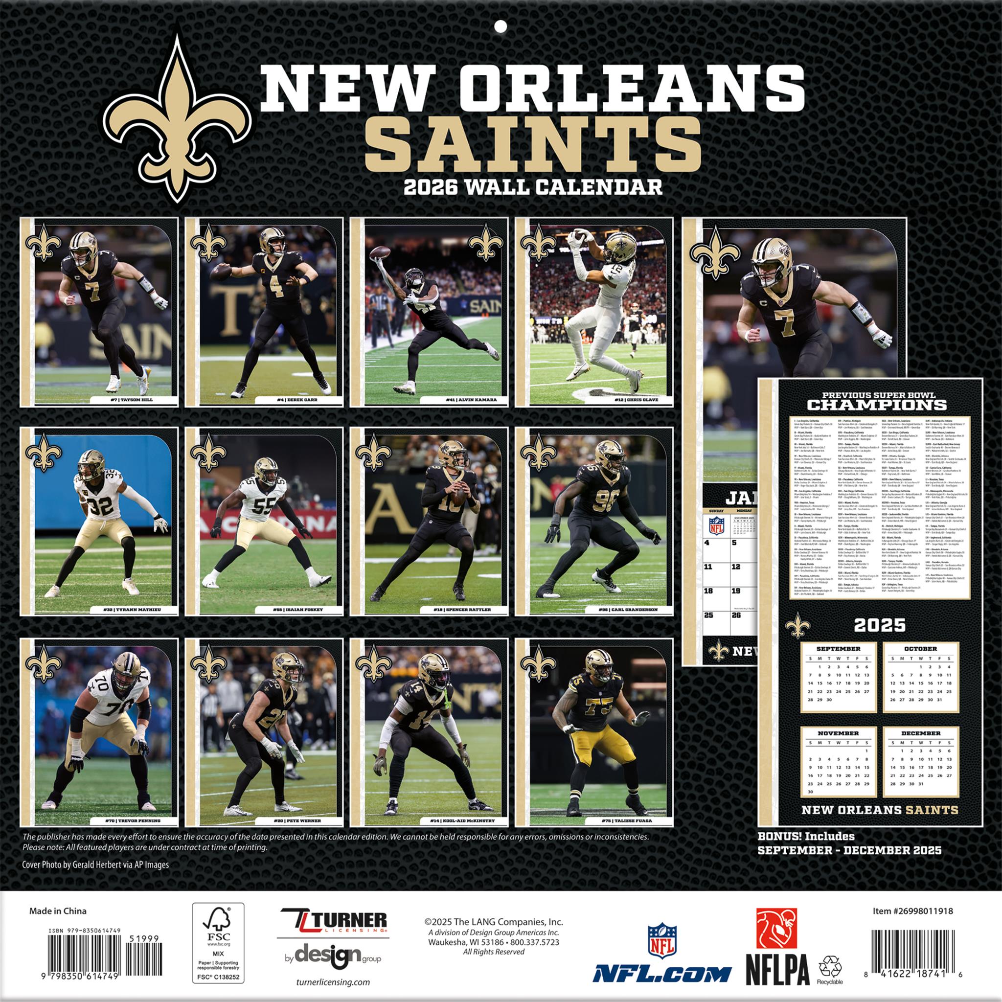 NFL New Orleans Saints 2026 Wall Calendar